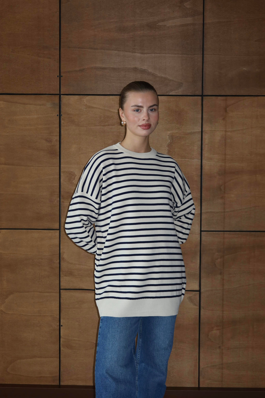 Luna Oversize Çizgili Kazak - Lacivert