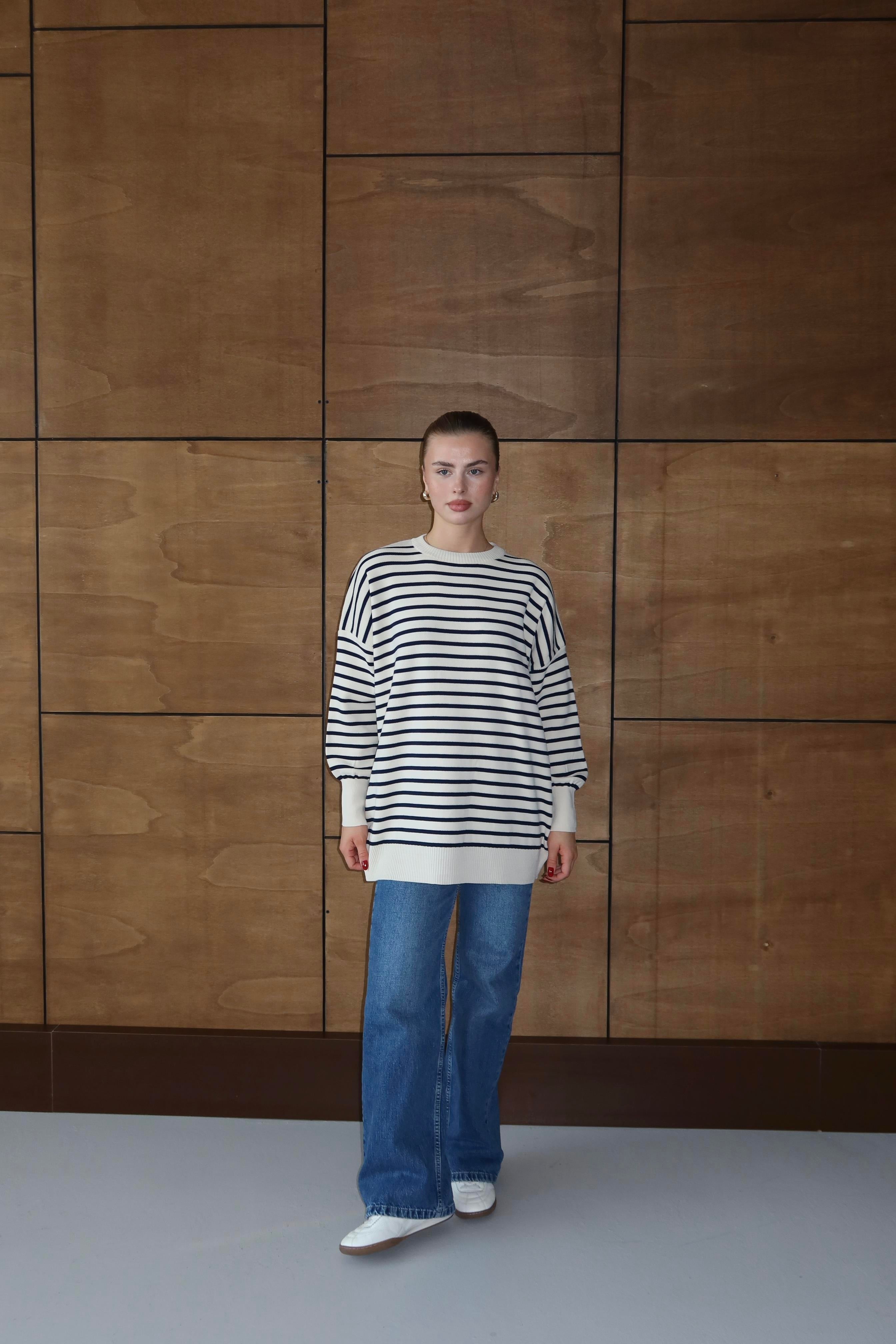 Luna Oversize Çizgili Kazak - Lacivert