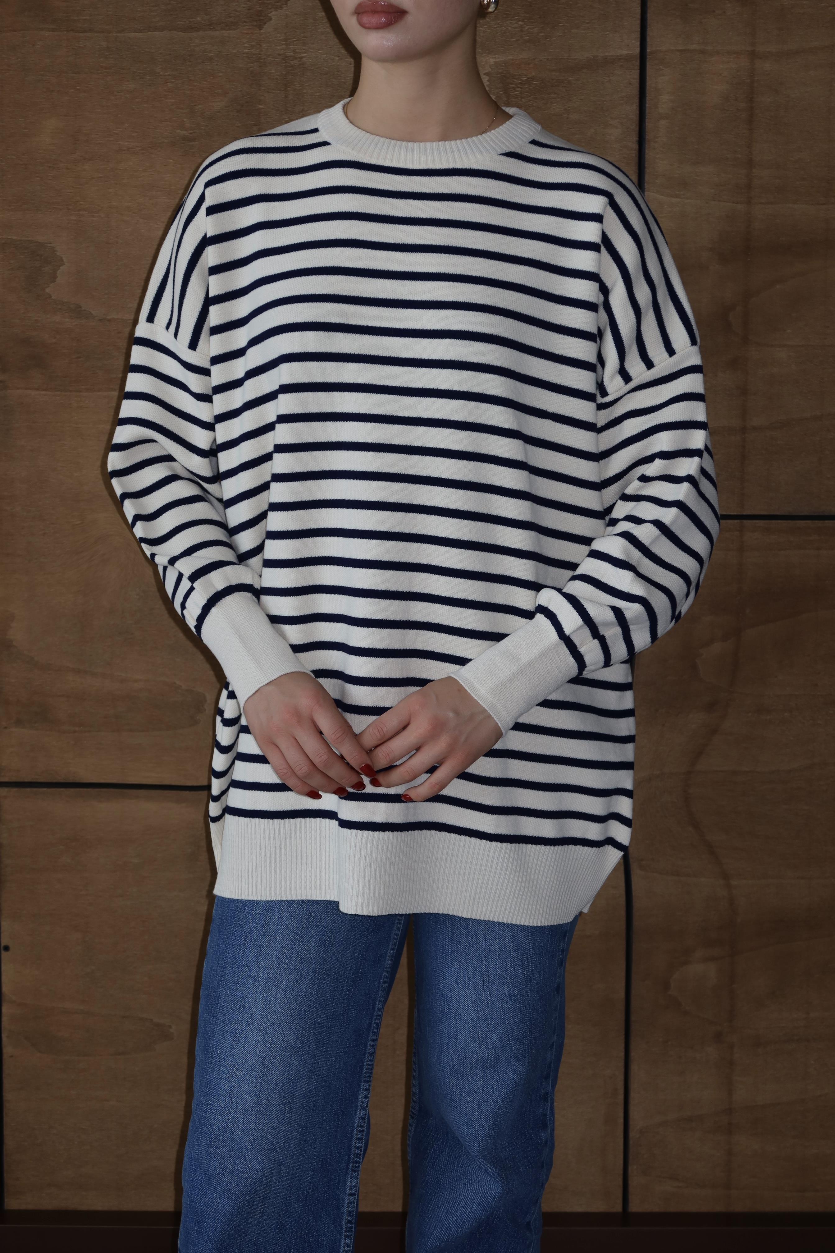 Luna Oversize Çizgili Kazak - Lacivert