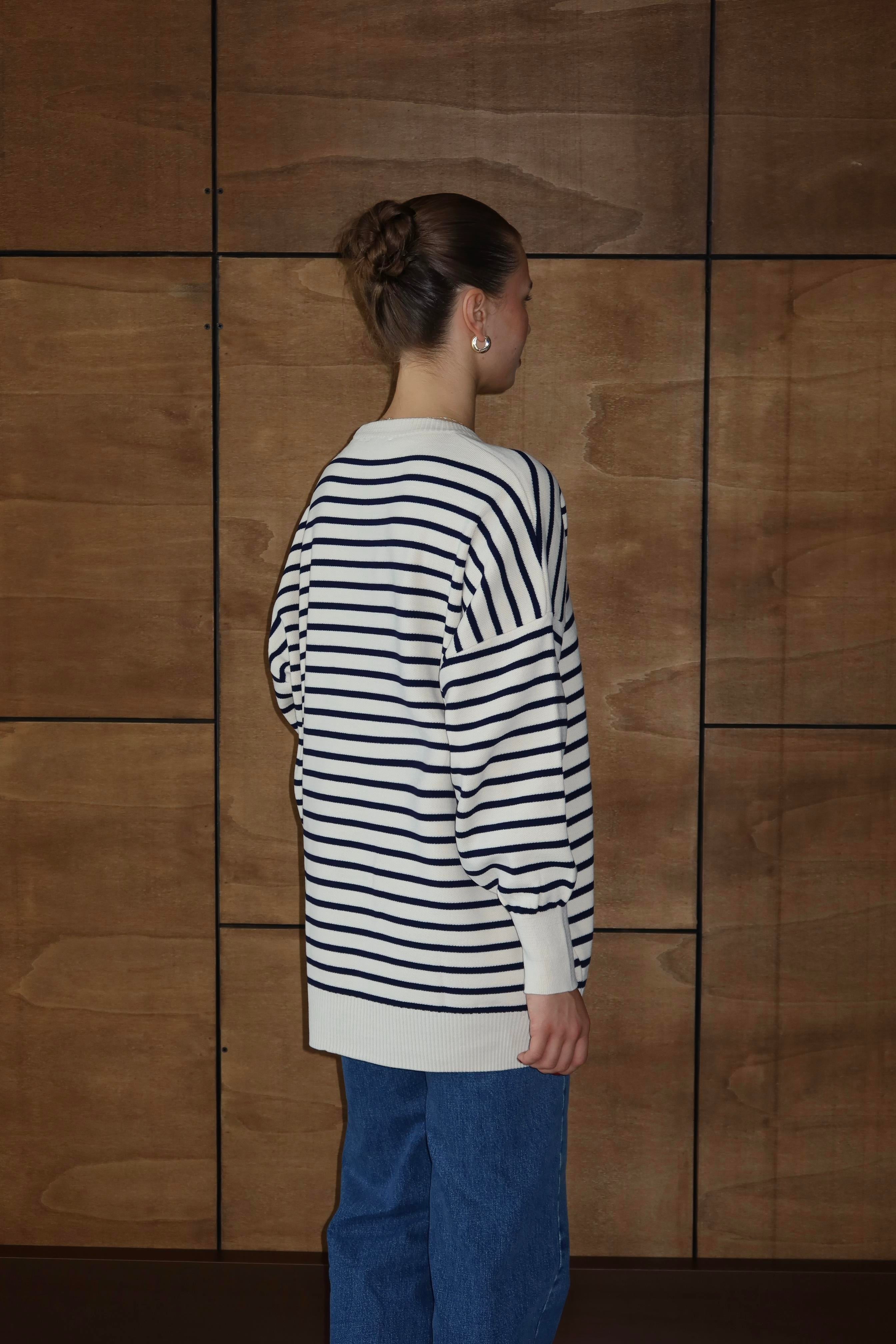 Luna Oversize Çizgili Kazak - Lacivert