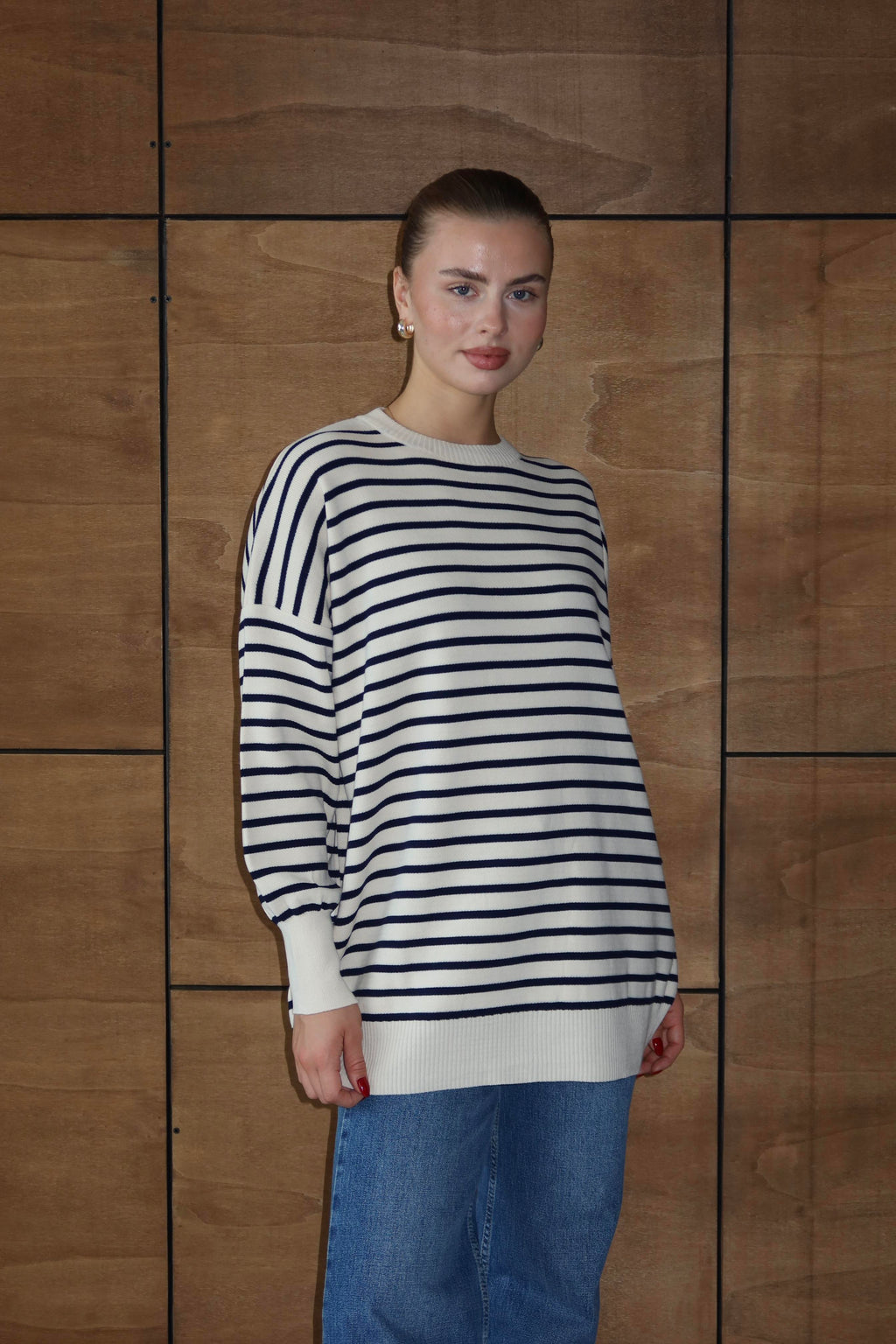 Luna Oversize Çizgili Kazak - Lacivert