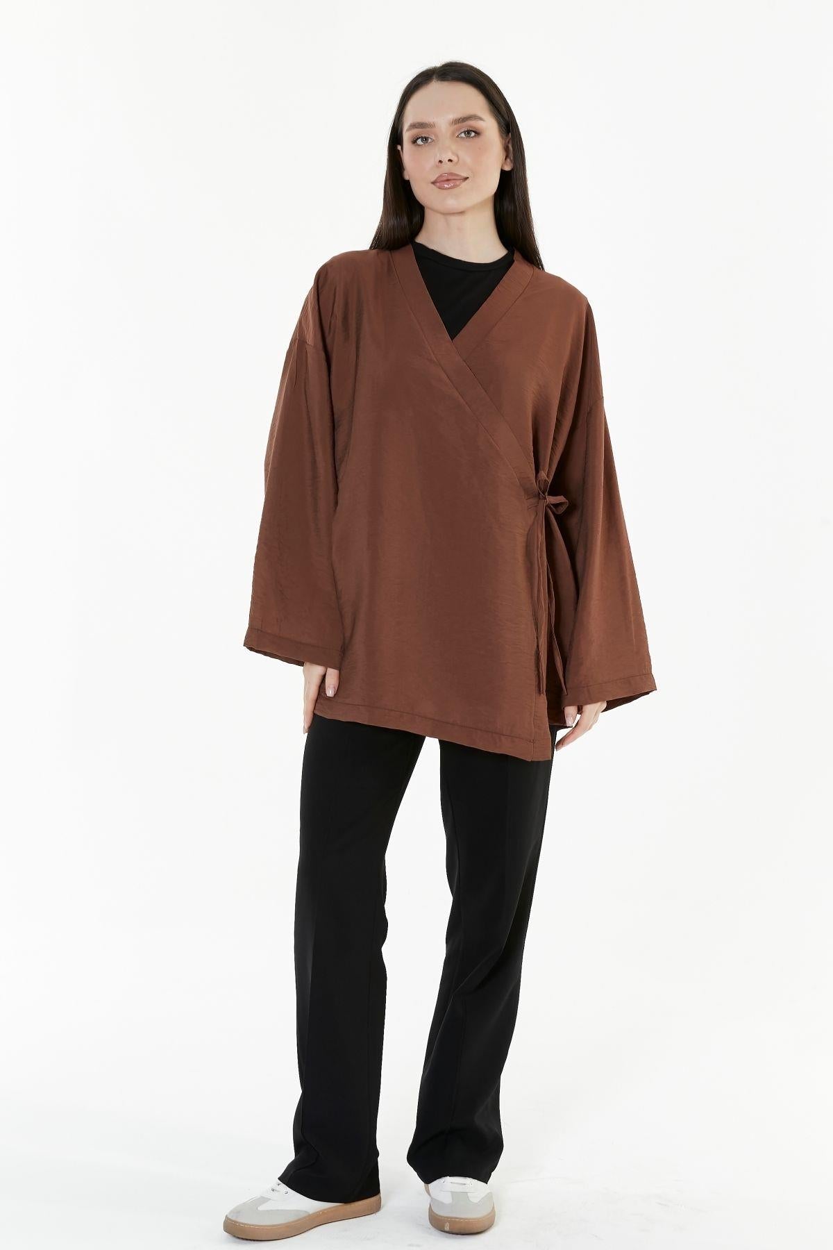 Kahverengi Kruvaze Bağlamalı Kimono - Kahverengi