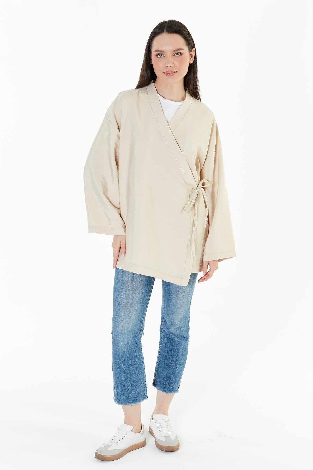 Kahverengi Kruvaze Bağlamalı Kimono - Kahverengi