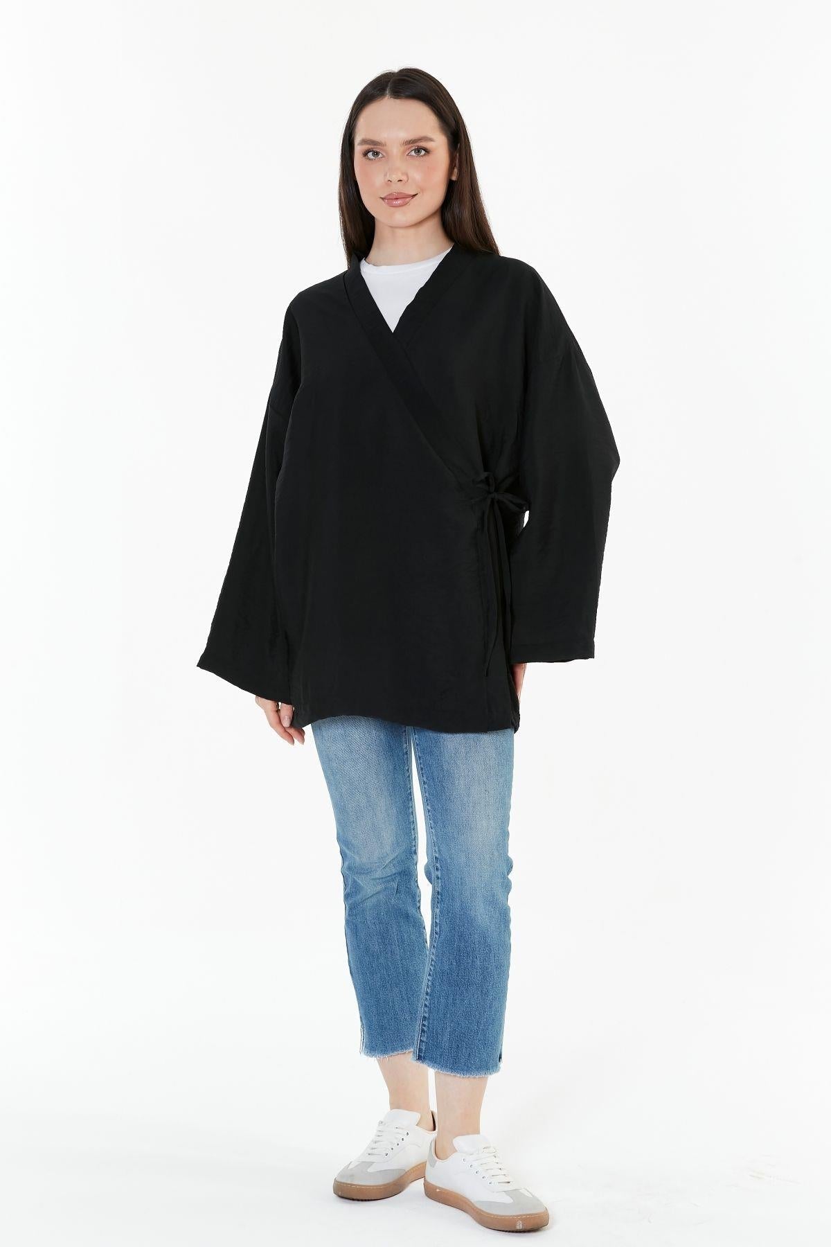 Kahverengi Kruvaze Bağlamalı Kimono - Kahverengi