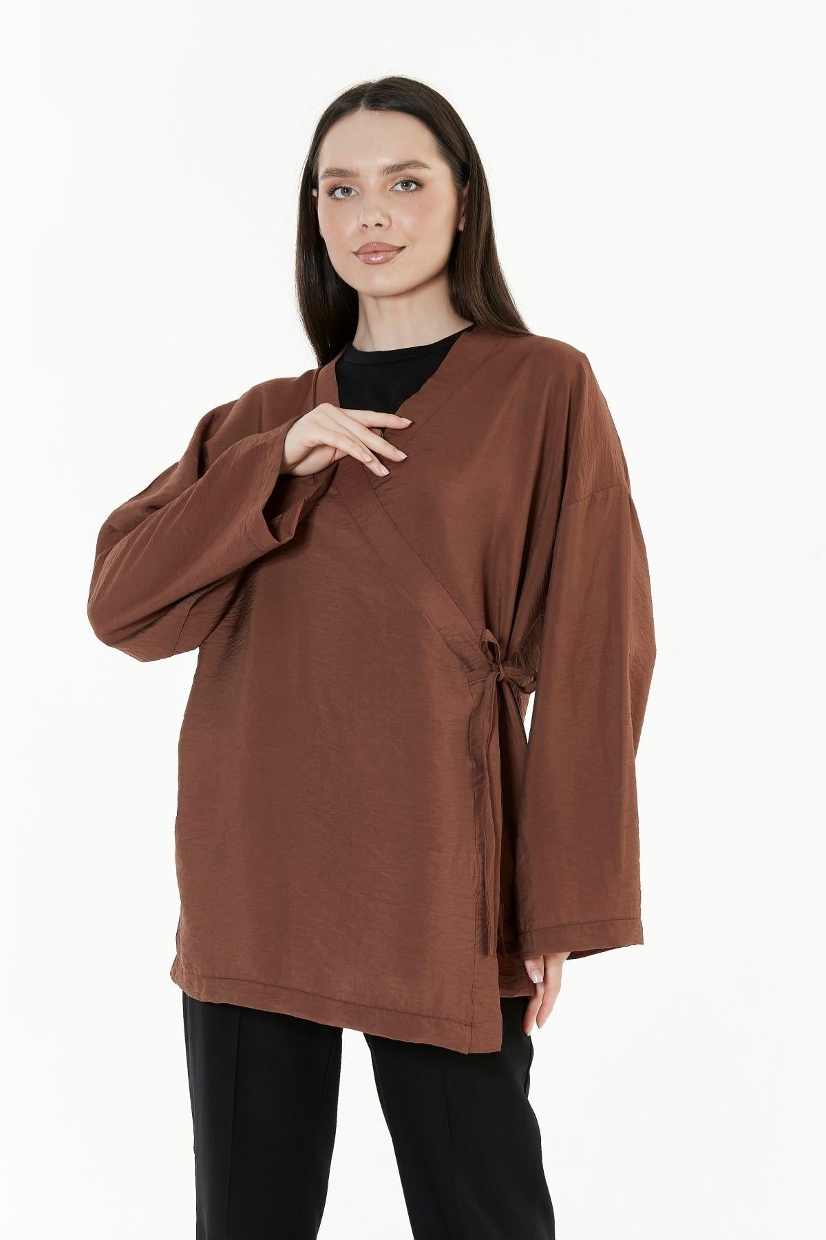 Kahverengi Kruvaze Bağlamalı Kimono - Kahverengi