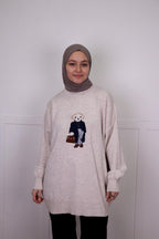 Tia Nakışlı Triko Oversize Kazak - Bej