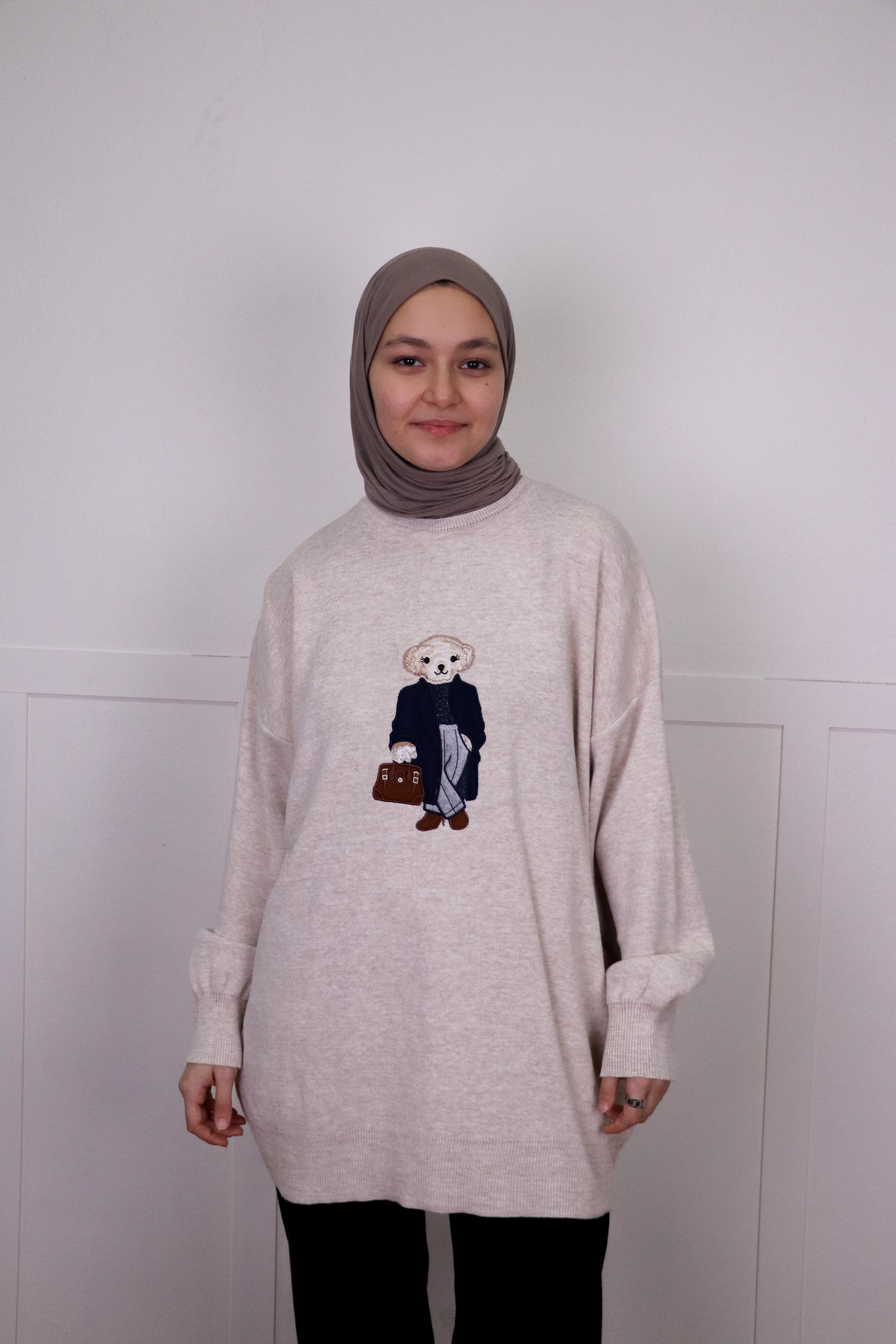 Bej Nakışlı Triko Oversize Kazak