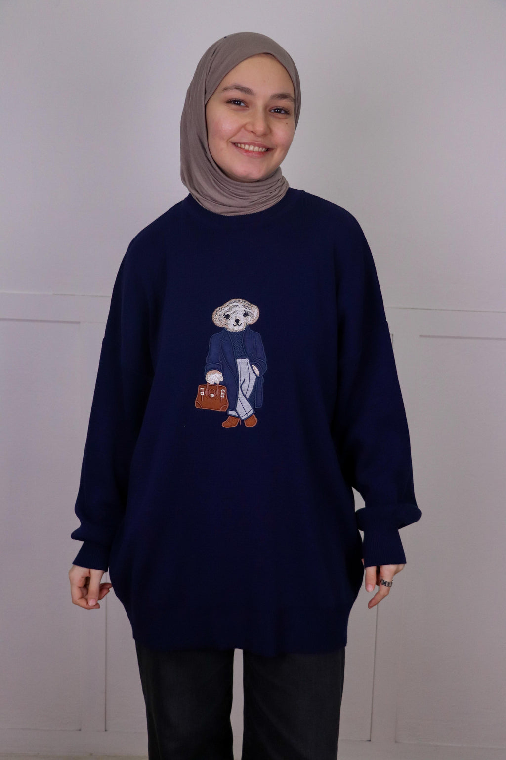 Tia Nakışlı Triko Oversize Kazak - Lacivert