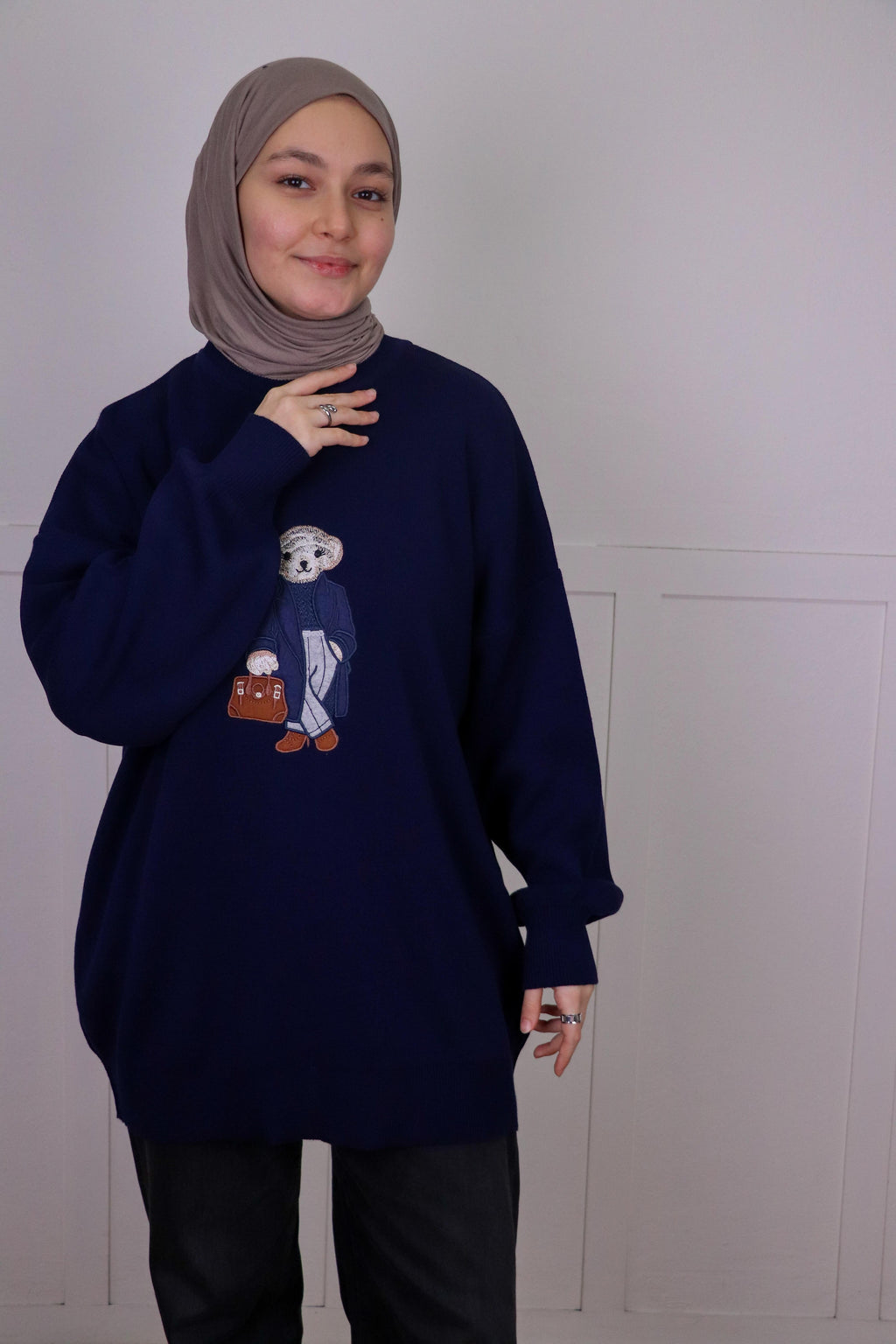 Tia Nakışlı Triko Oversize Kazak - Lacivert