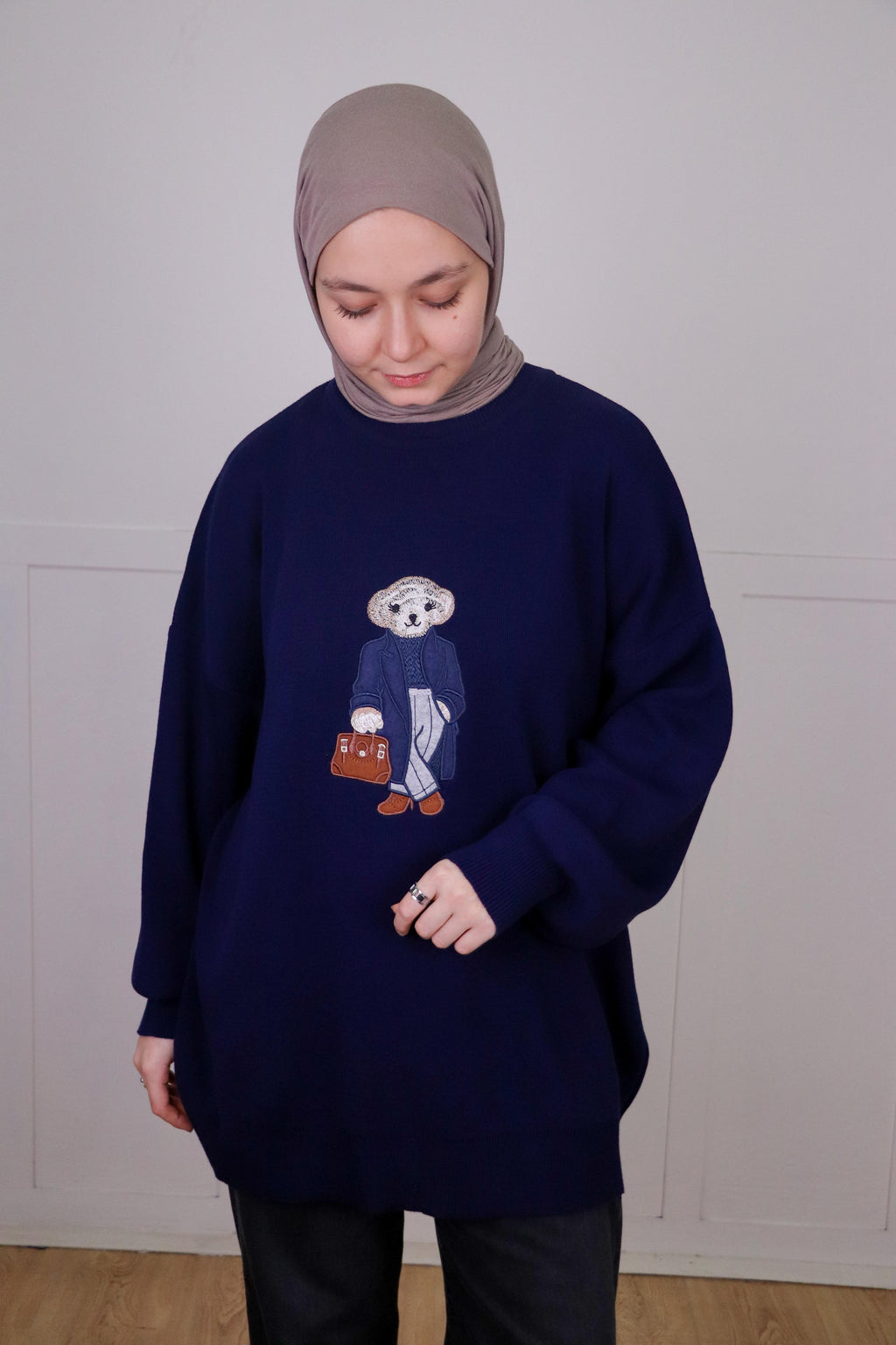 Tia Nakışlı Triko Oversize Kazak - Lacivert