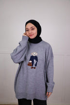 Tia Nakışlı Triko Oversize Kazak - Gri