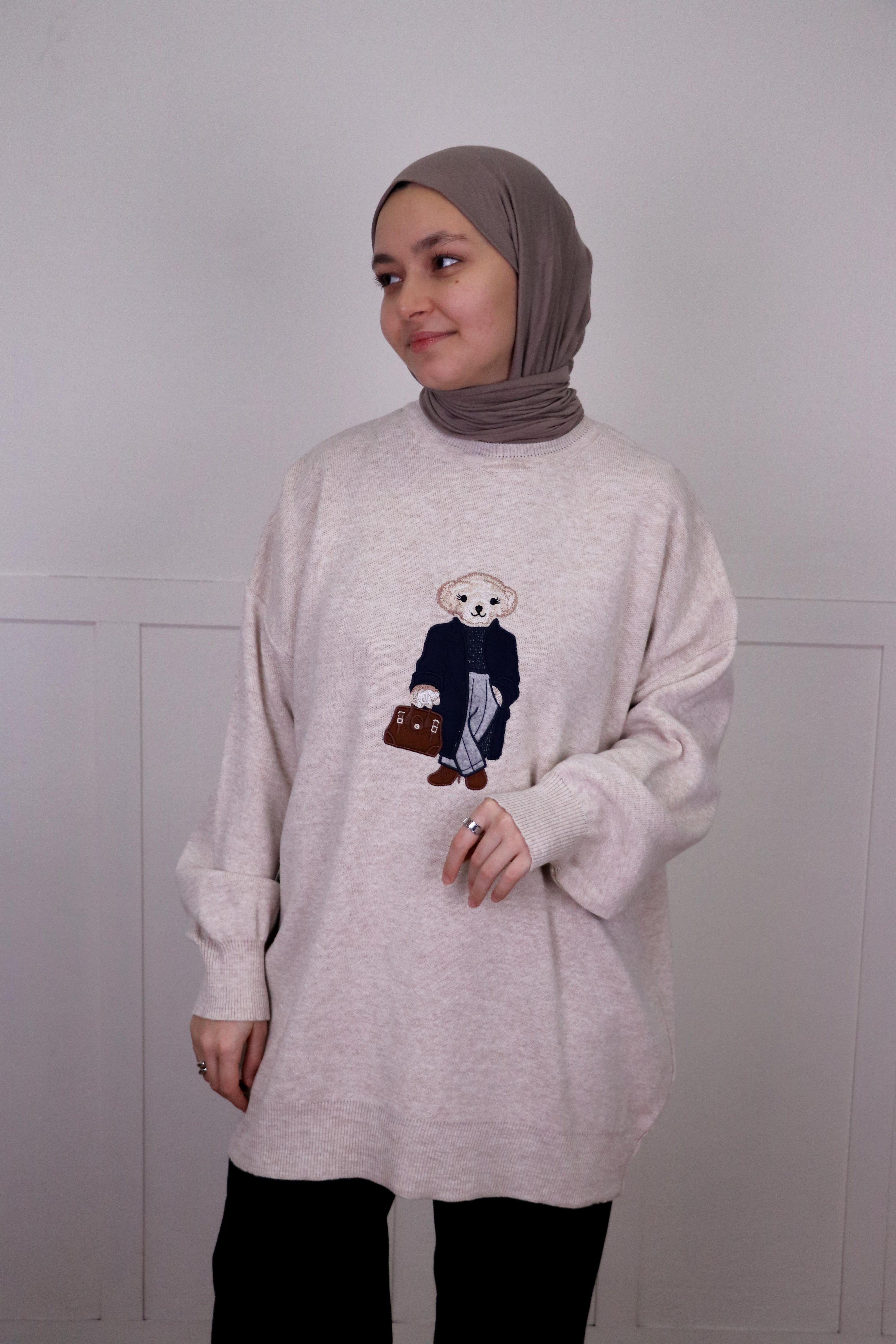 Bej Nakışlı Triko Oversize Kazak