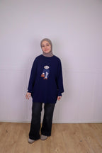 Tia Nakışlı Triko Oversize Kazak - Lacivert