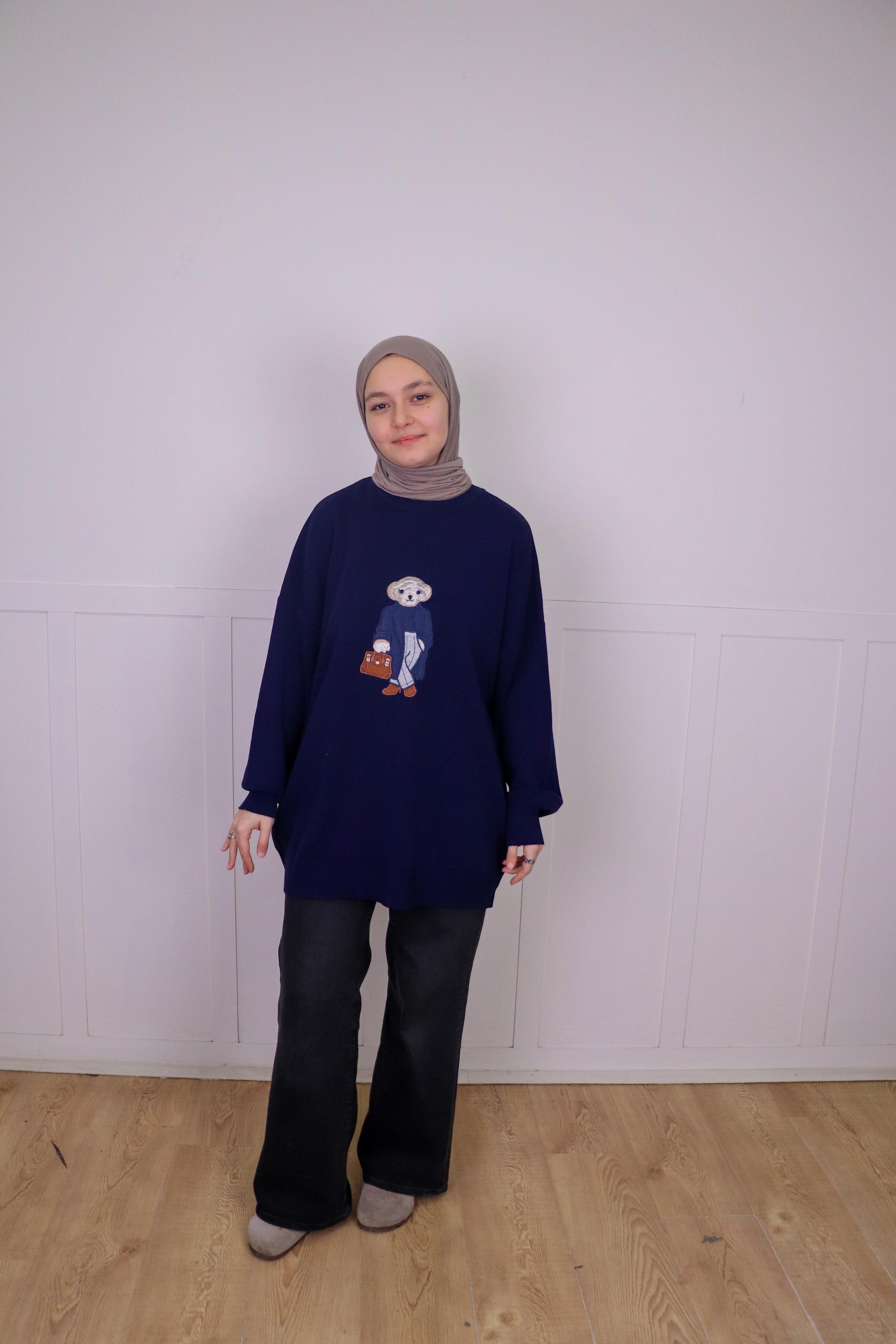 Tia Nakışlı Triko Oversize Kazak - Lacivert