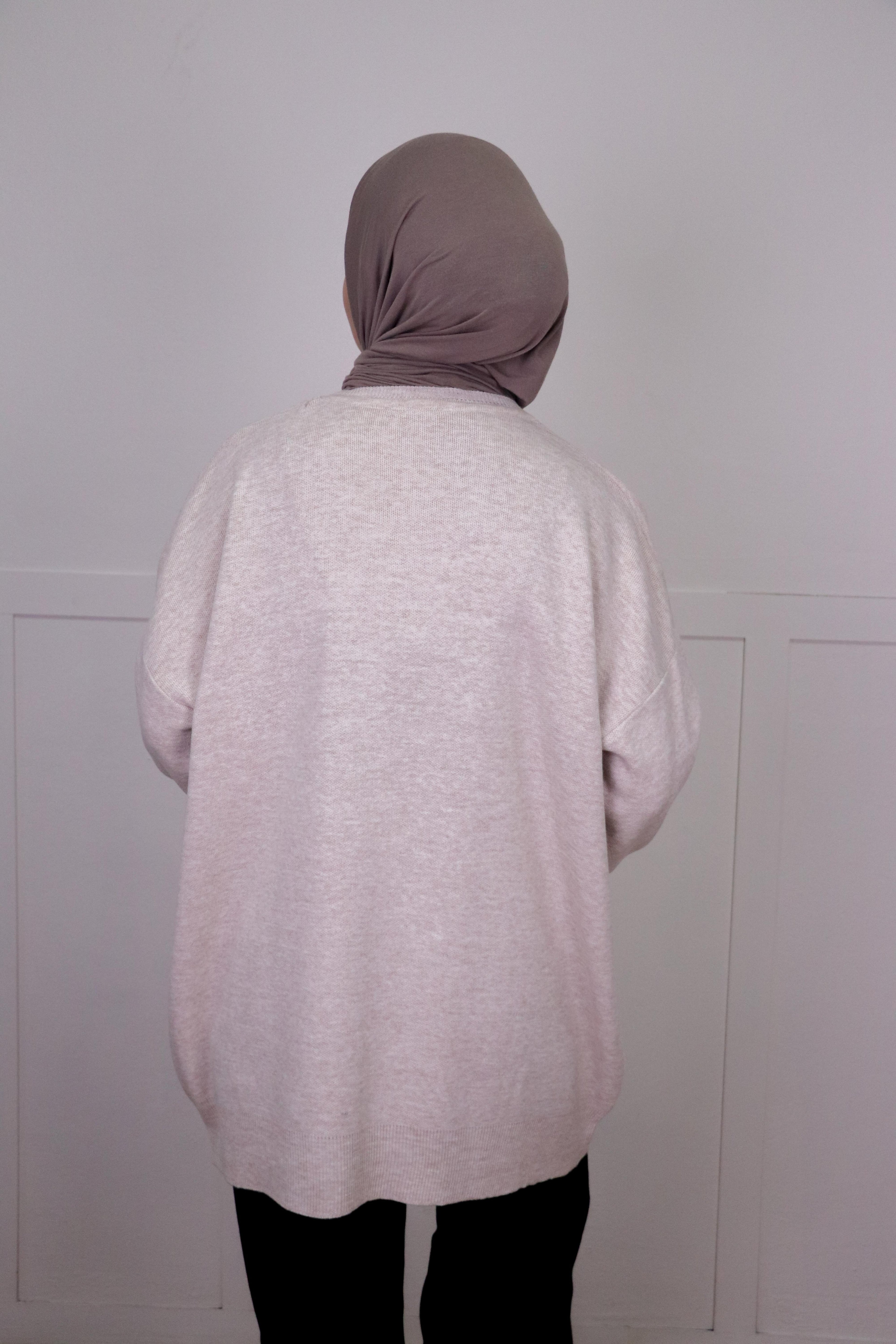 Bej Nakışlı Triko Oversize Kazak