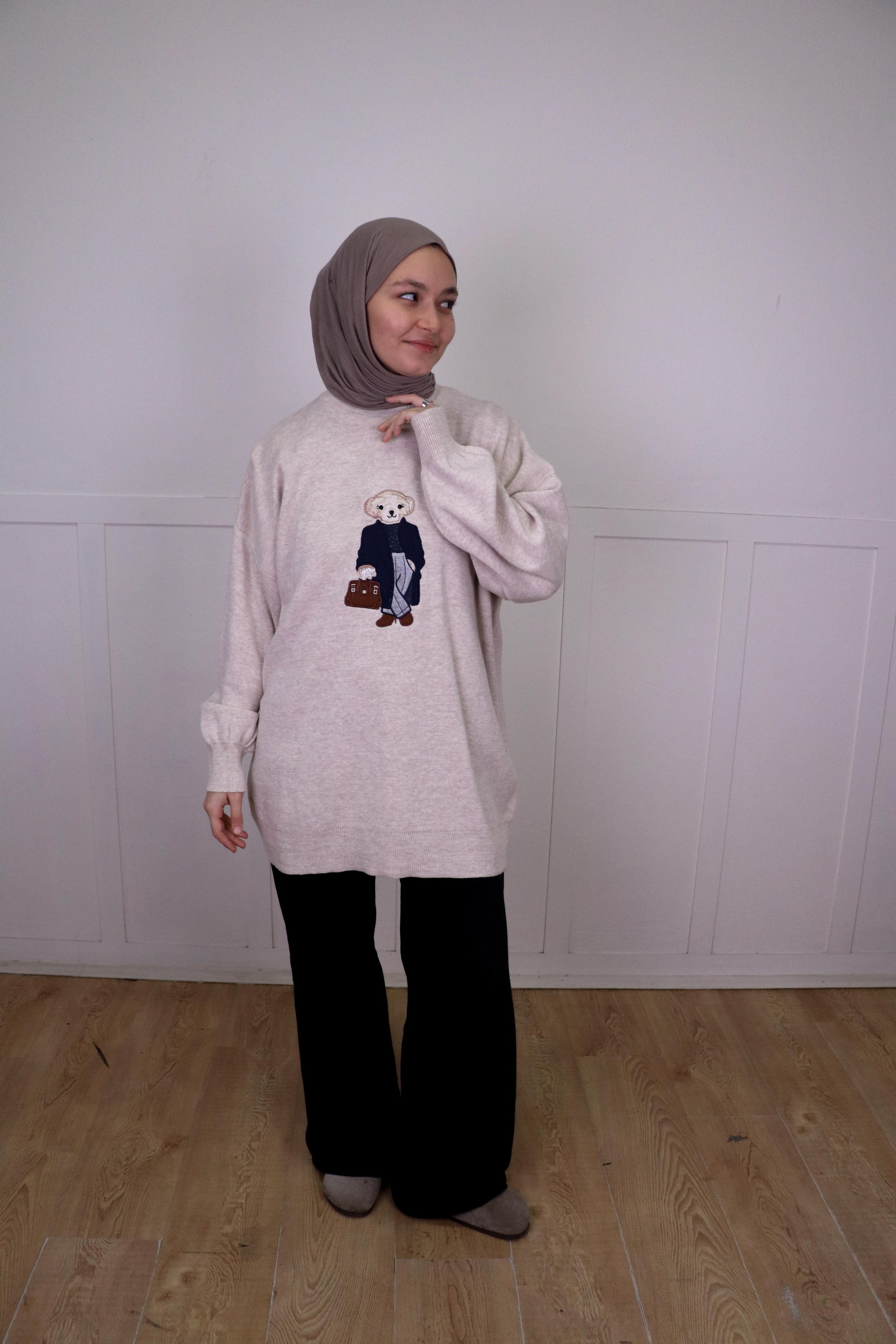 Bej Nakışlı Triko Oversize Kazak