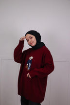 Tia Nakışlı Triko Oversize Kazak - Bordo