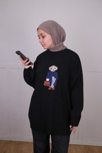 Tia Nakışlı Triko Oversize Kazak - Siyah