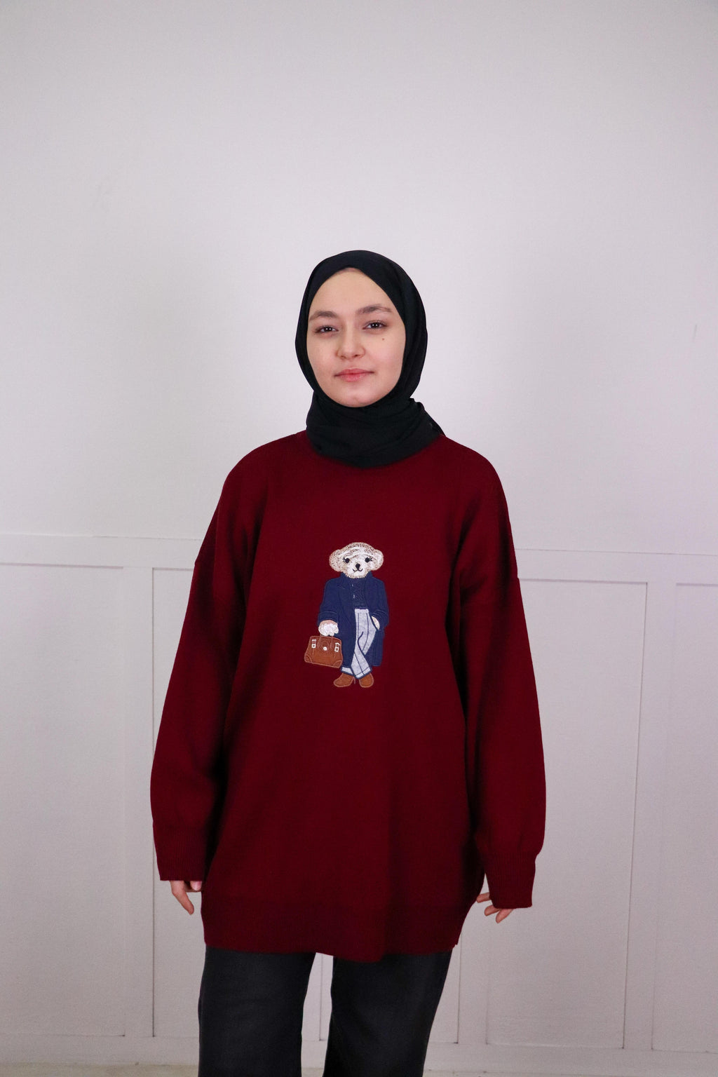 Tia Nakışlı Triko Oversize Kazak - Bordo