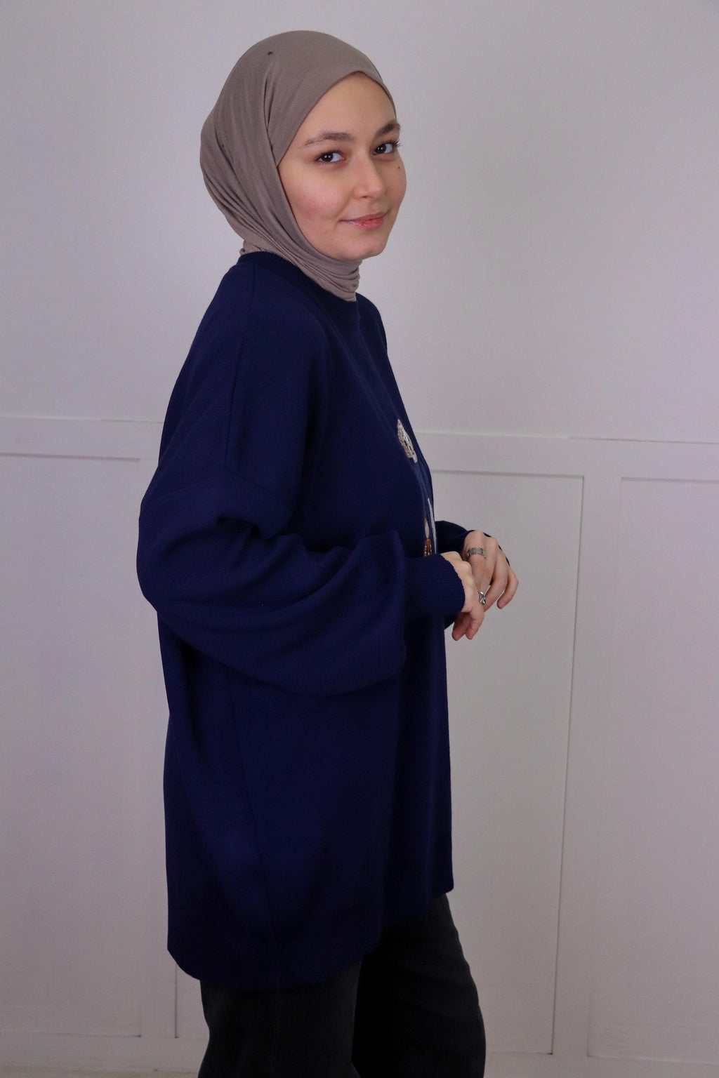 Tia Nakışlı Triko Oversize Kazak - Lacivert