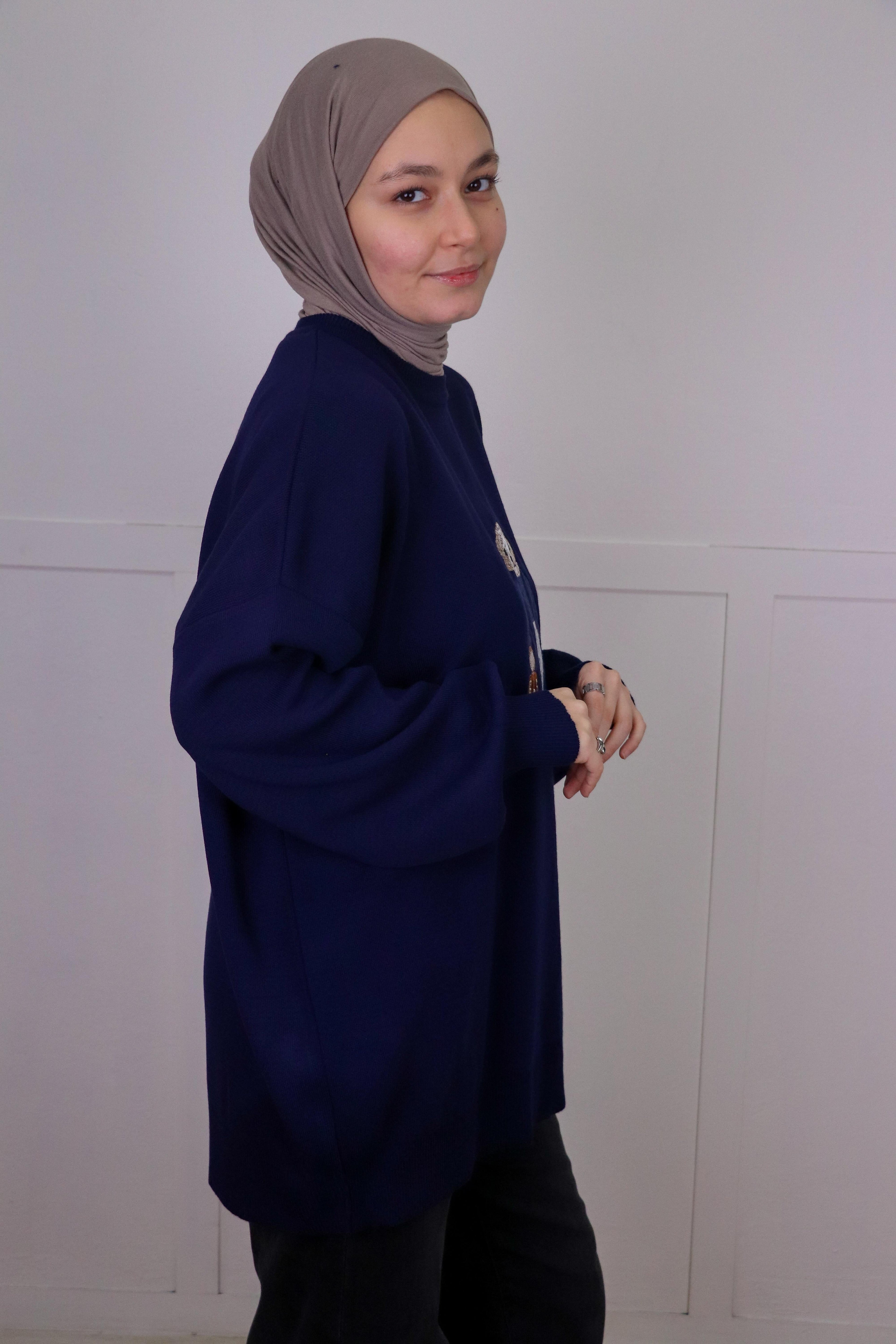 Tia Nakışlı Triko Oversize Kazak - Lacivert