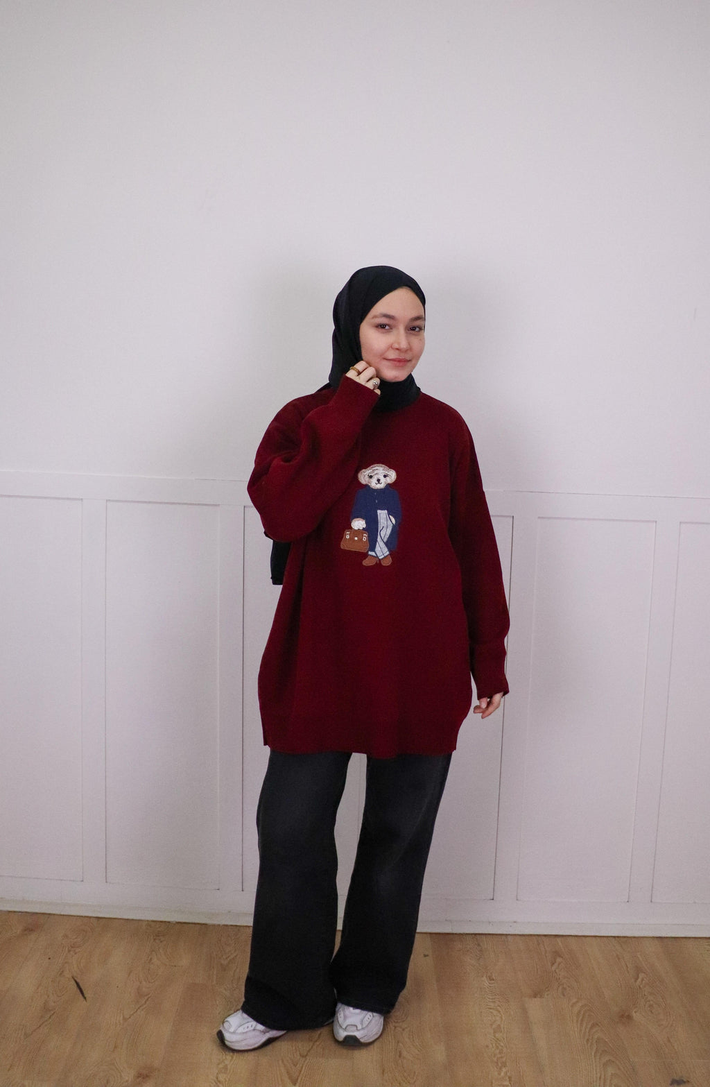 Tia Nakışlı Triko Oversize Kazak - Bordo