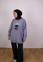 Tia Nakışlı Triko Oversize Kazak - Gri