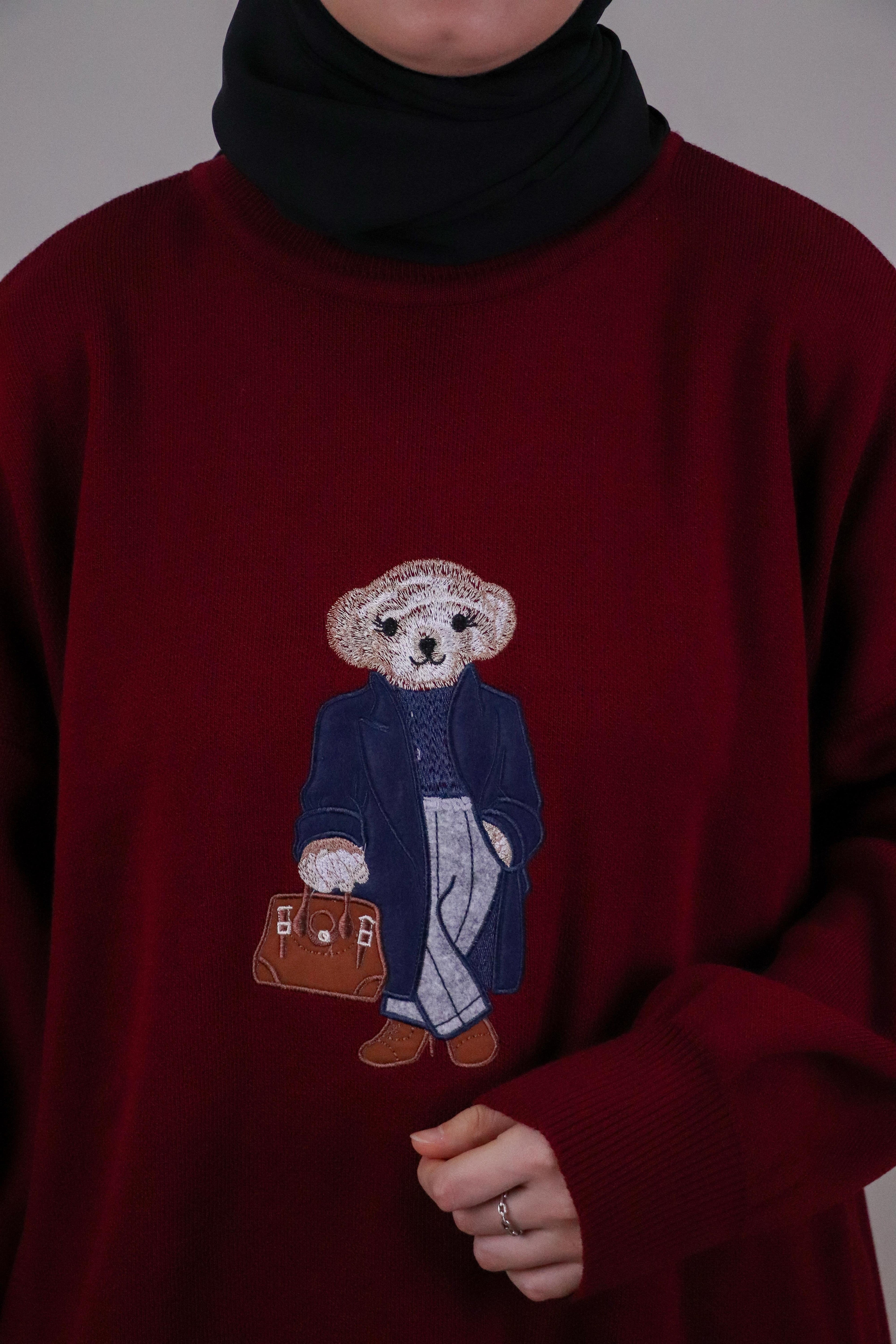 Tia Nakışlı Triko Oversize Kazak - Bordo