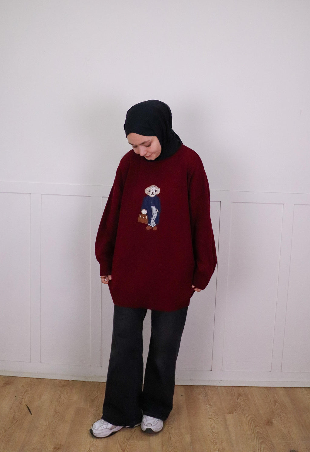 Tia Nakışlı Triko Oversize Kazak - Bordo