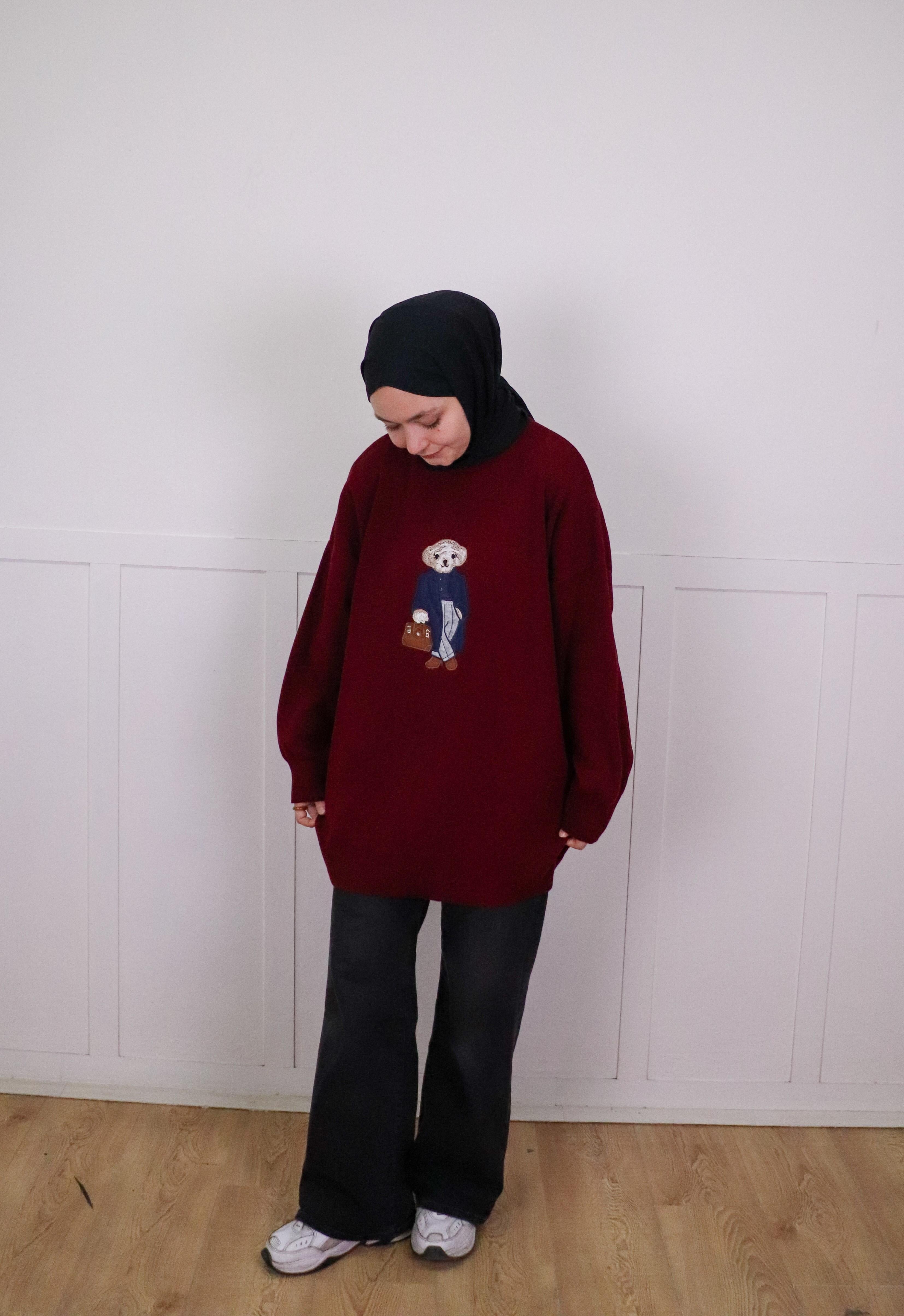 Tia Nakışlı Triko Oversize Kazak - Bordo