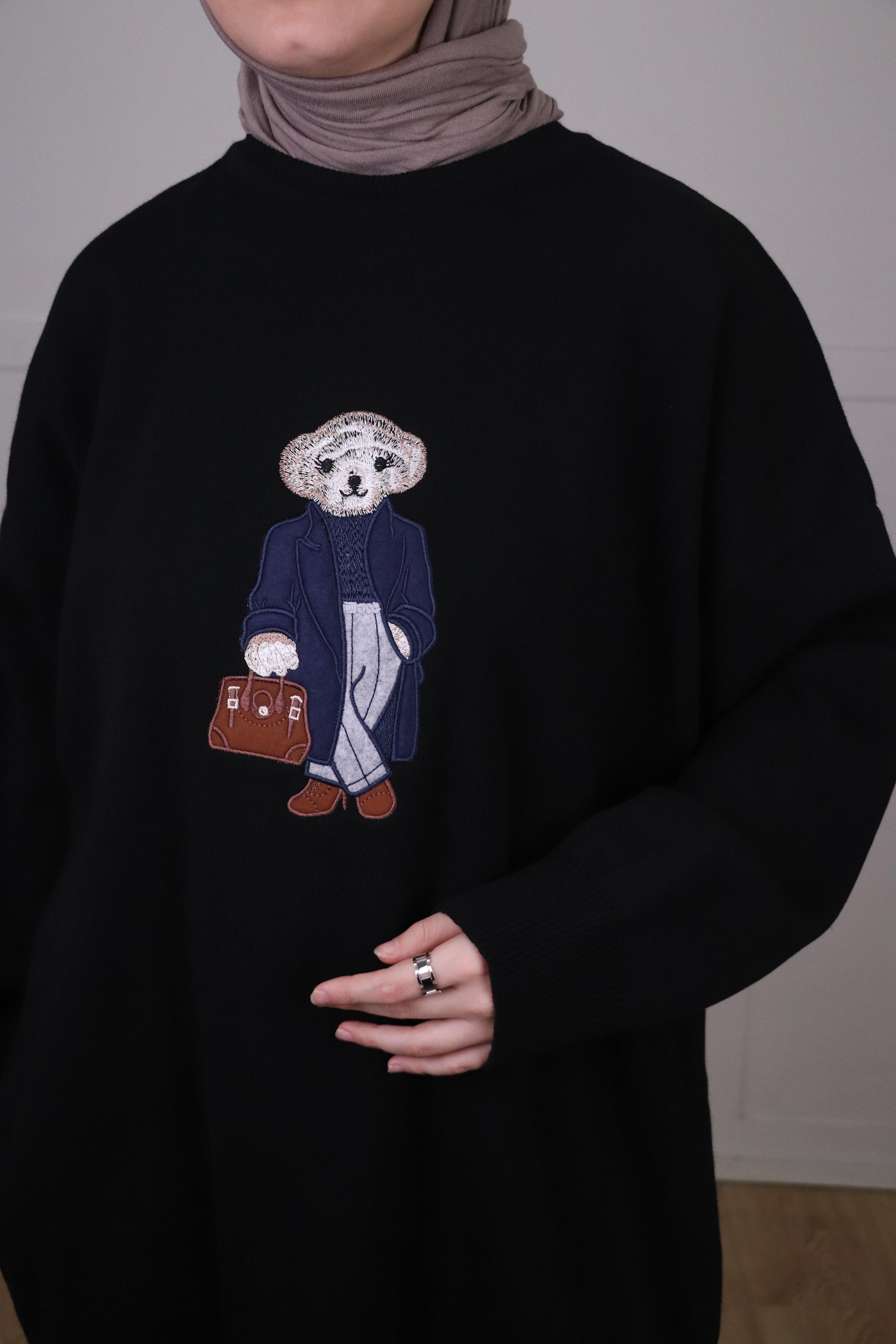 Tia Nakışlı Triko Oversize Kazak - Siyah