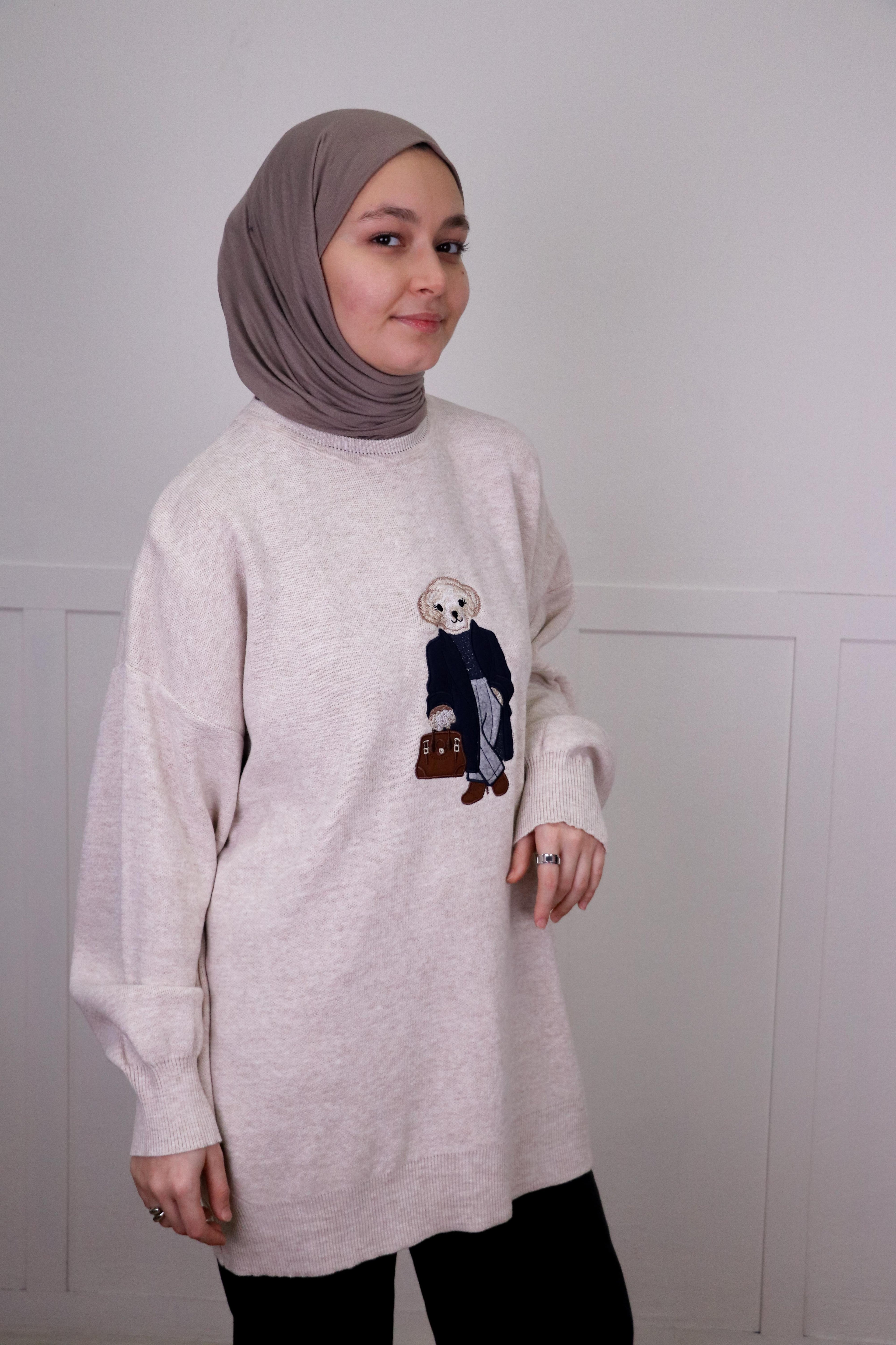 Bej Nakışlı Triko Oversize Kazak