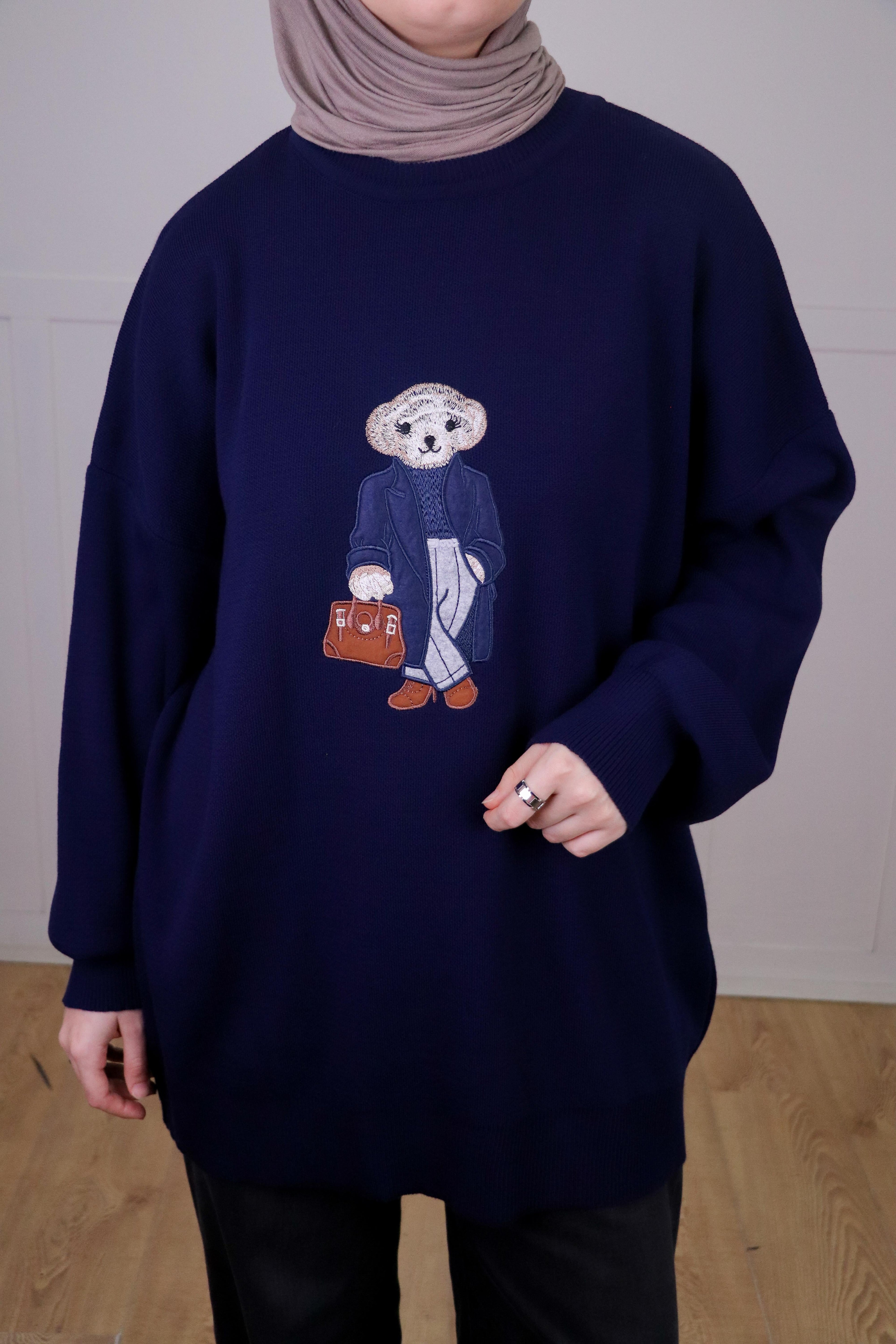 Tia Nakışlı Triko Oversize Kazak - Lacivert