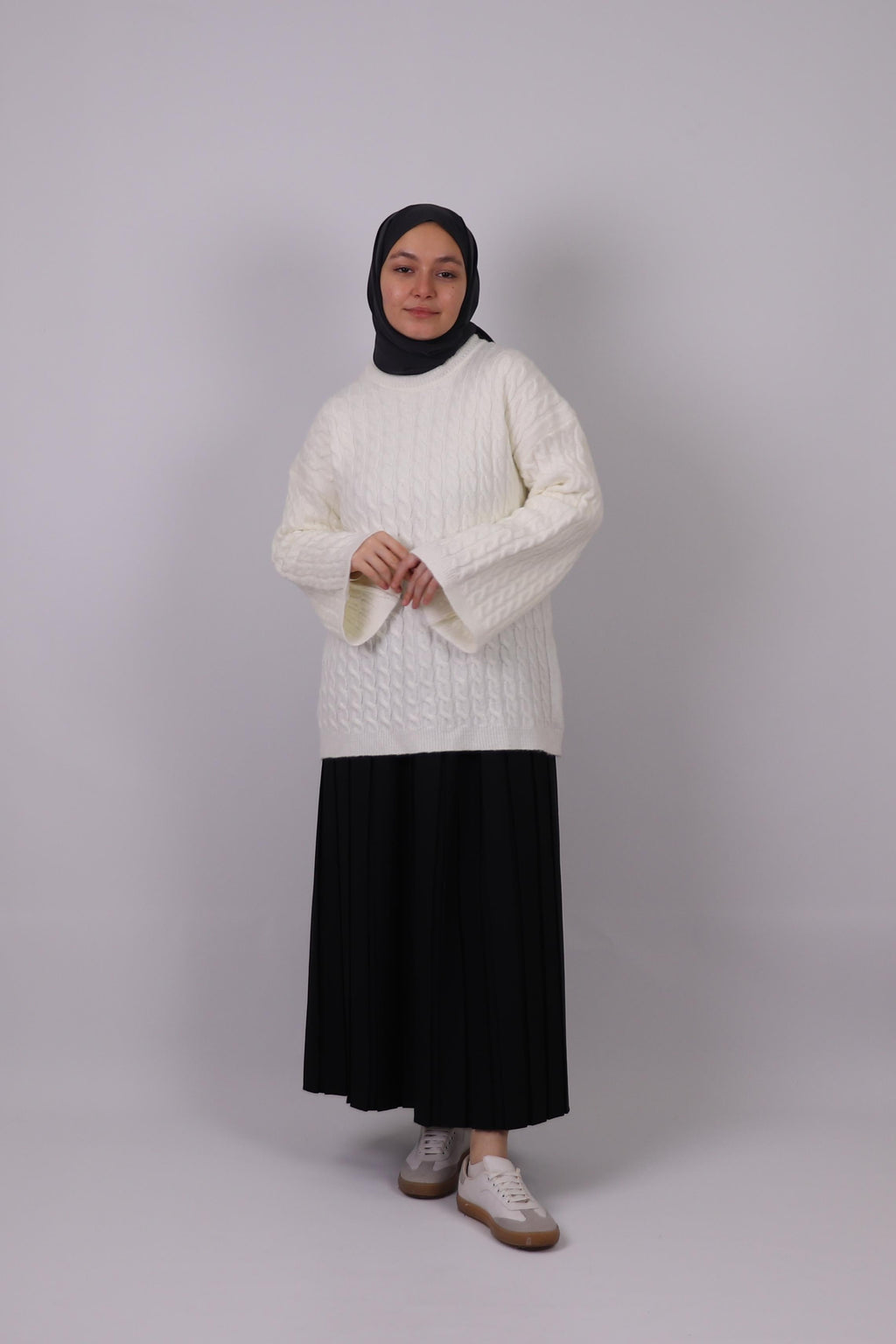 Cima Saç Örgü Detaylı Kimono Kollu Kazak - Ekru