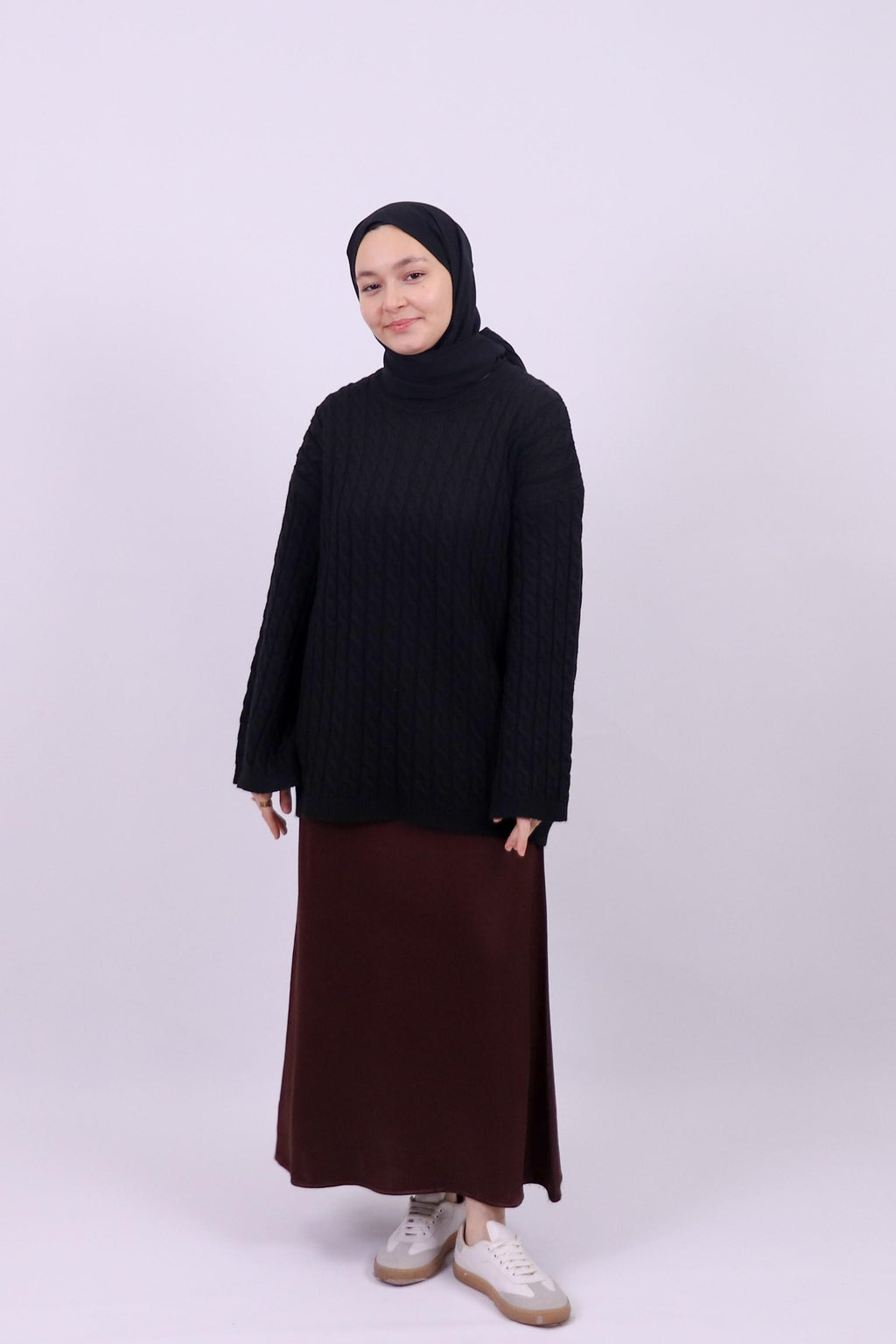 Cima Saç Örgü Detaylı Kimono Kollu Kazak - Siyah