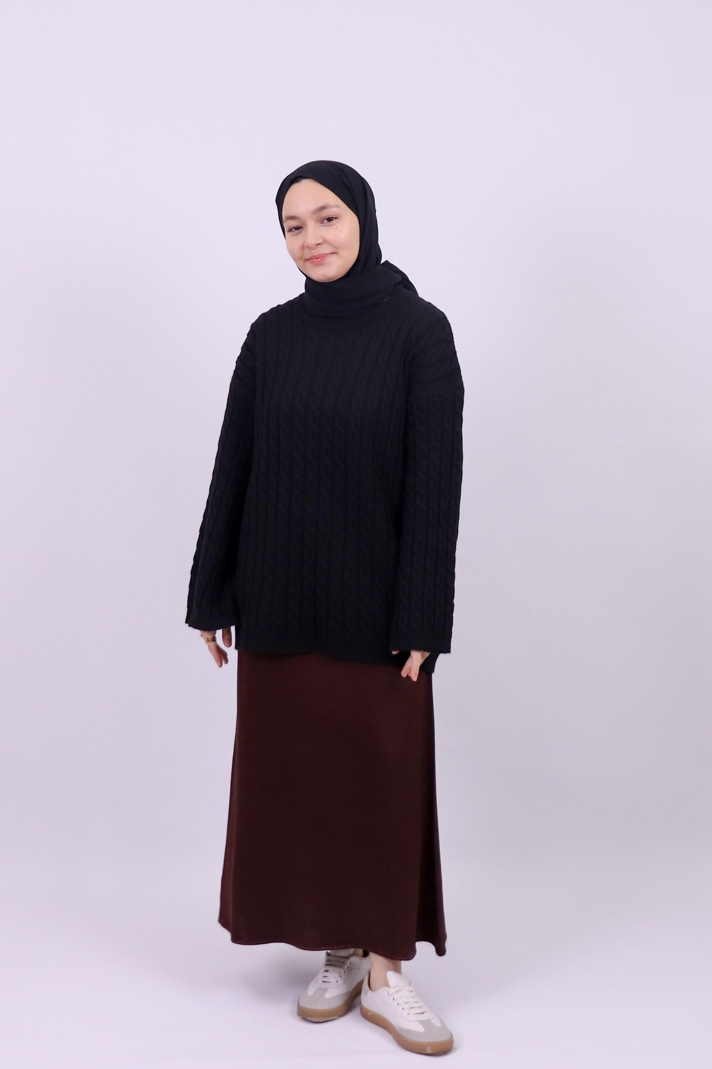 Cima Saç Örgü Detaylı Kimono Kollu Kazak - Siyah