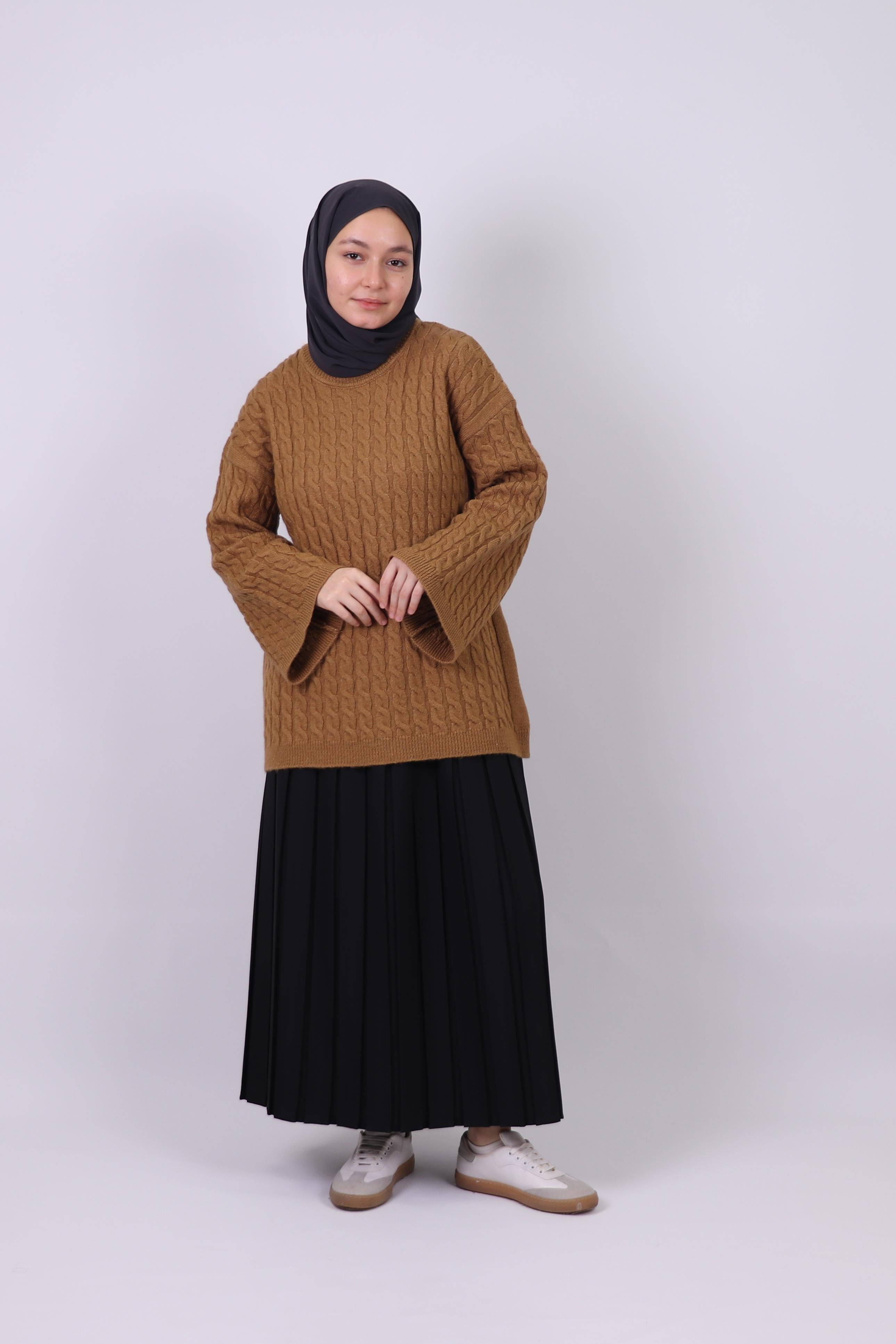 Cima Saç Örgü Detaylı Kimono Kollu Kazak - Sütlü Kahve