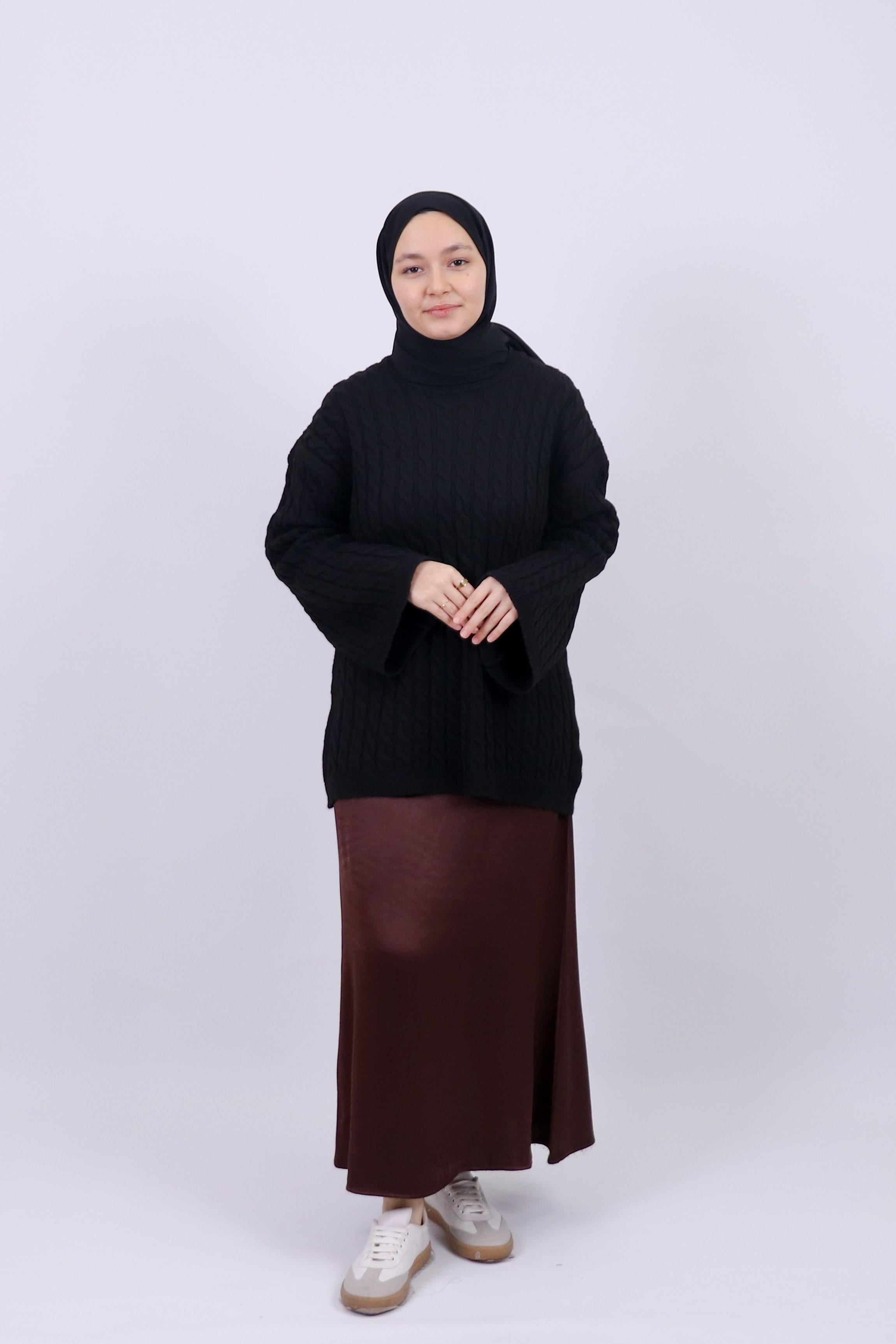 Cima Saç Örgü Detaylı Kimono Kollu Kazak - Siyah
