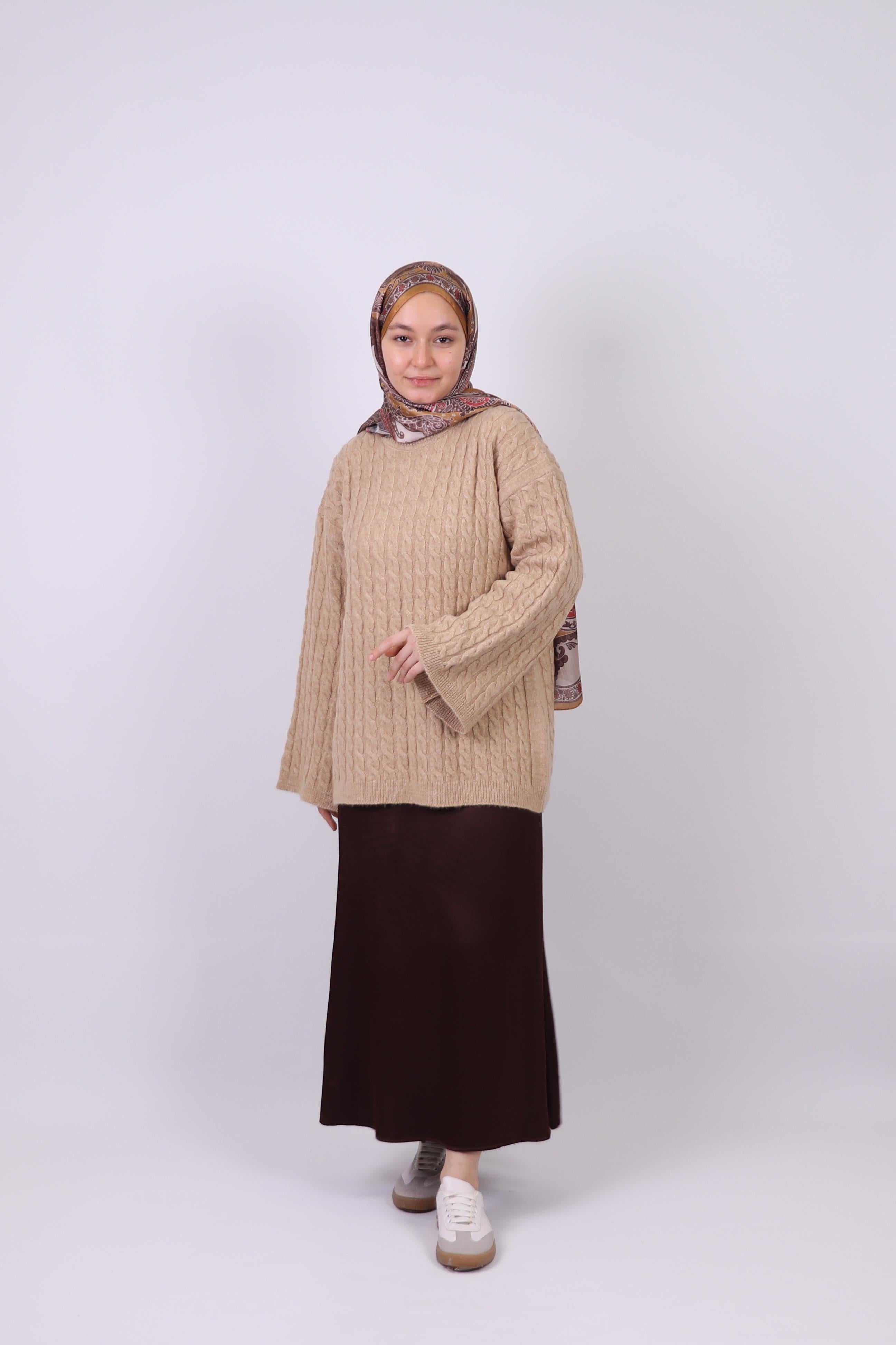 Cima Saç Örgü Detaylı Kimono Kollu Kazak - Vizon