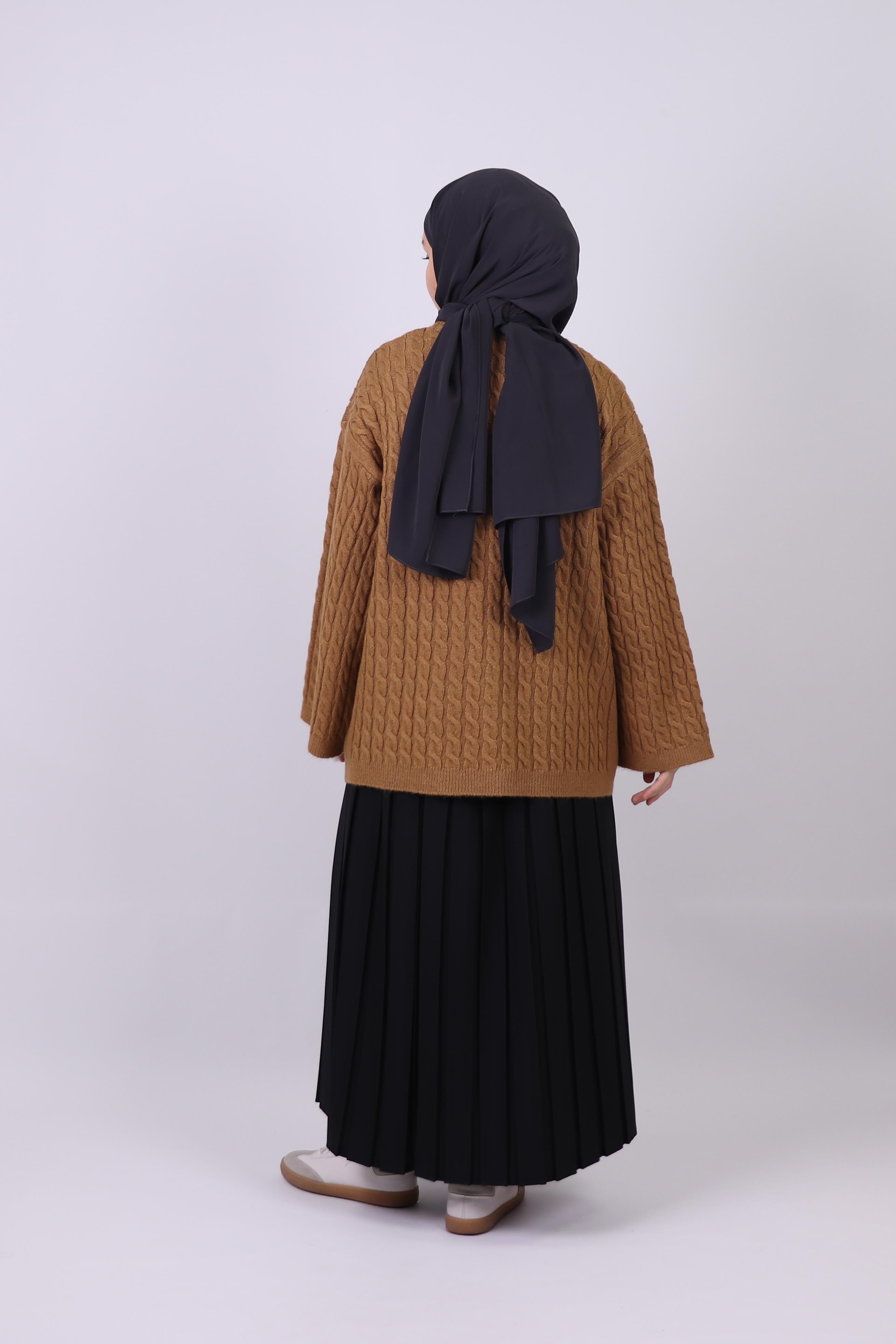 Cima Saç Örgü Detaylı Kimono Kollu Kazak - Sütlü Kahve