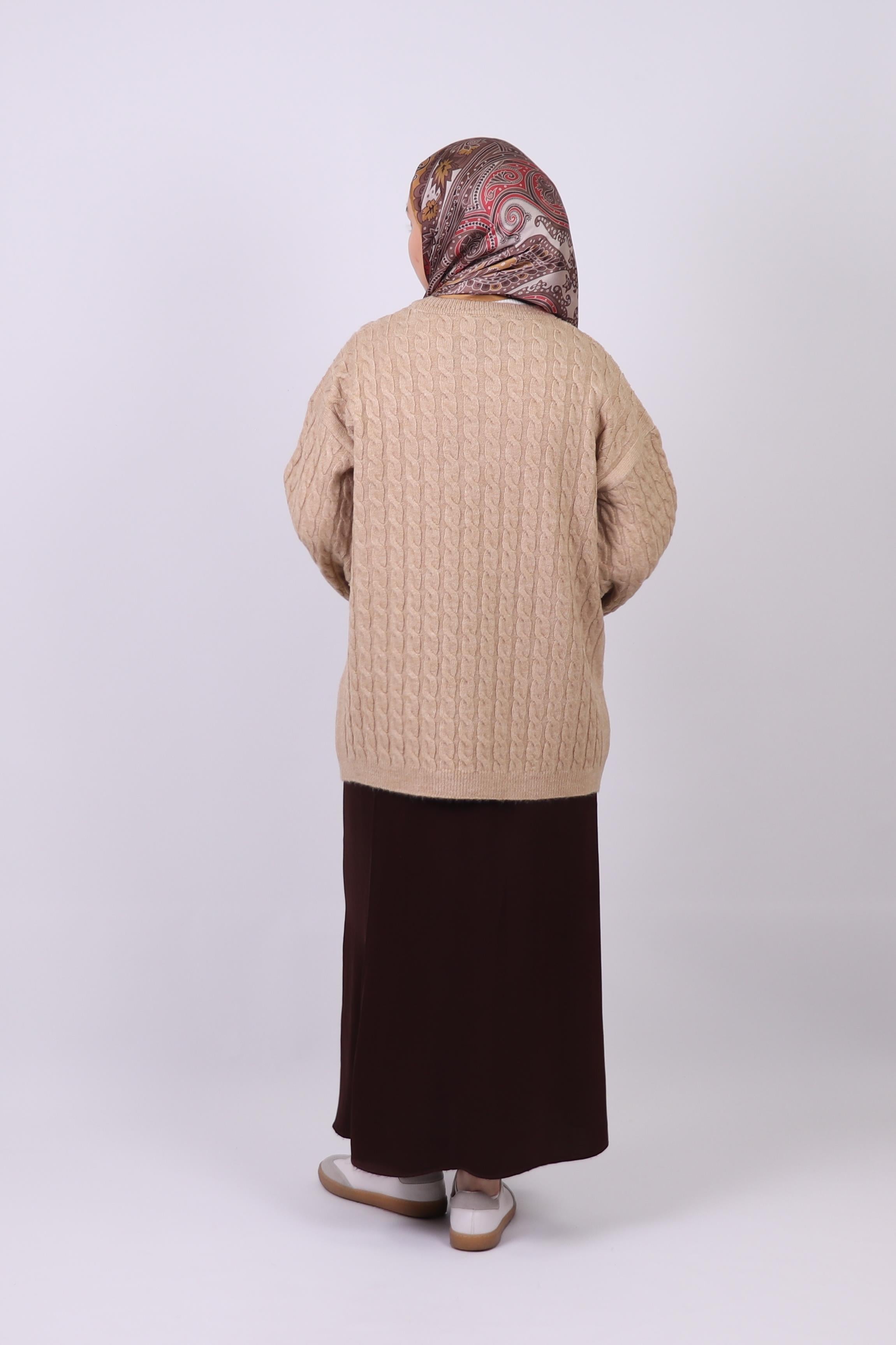 Cima Saç Örgü Detaylı Kimono Kollu Kazak - Vizon