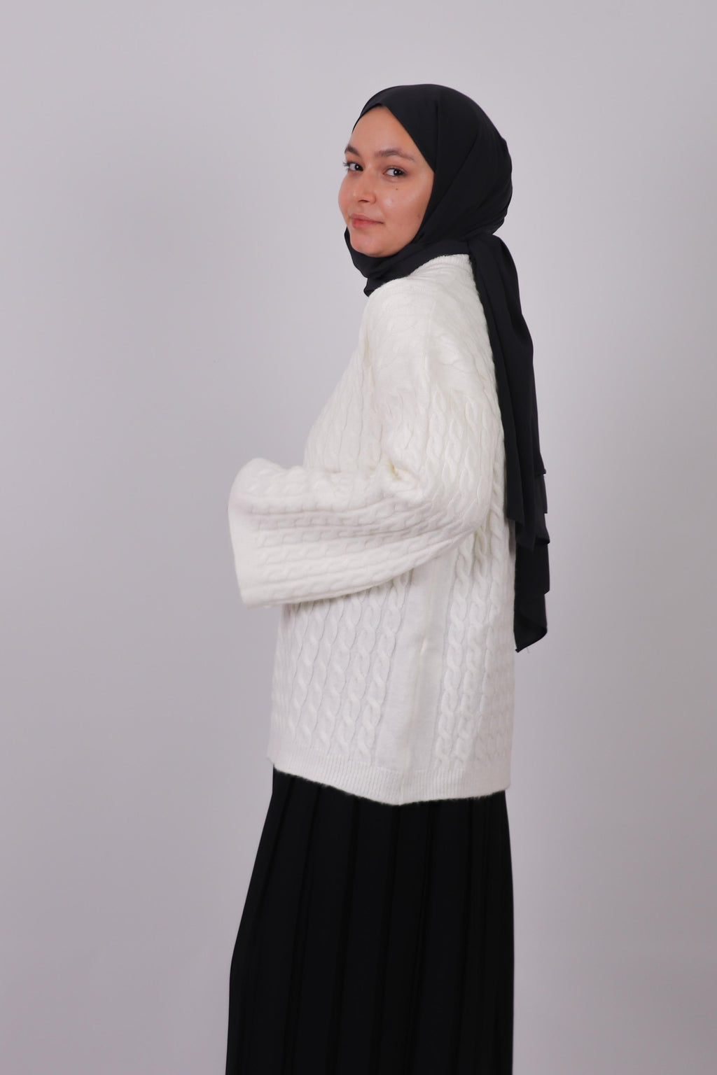 Cima Saç Örgü Detaylı Kimono Kollu Kazak - Ekru