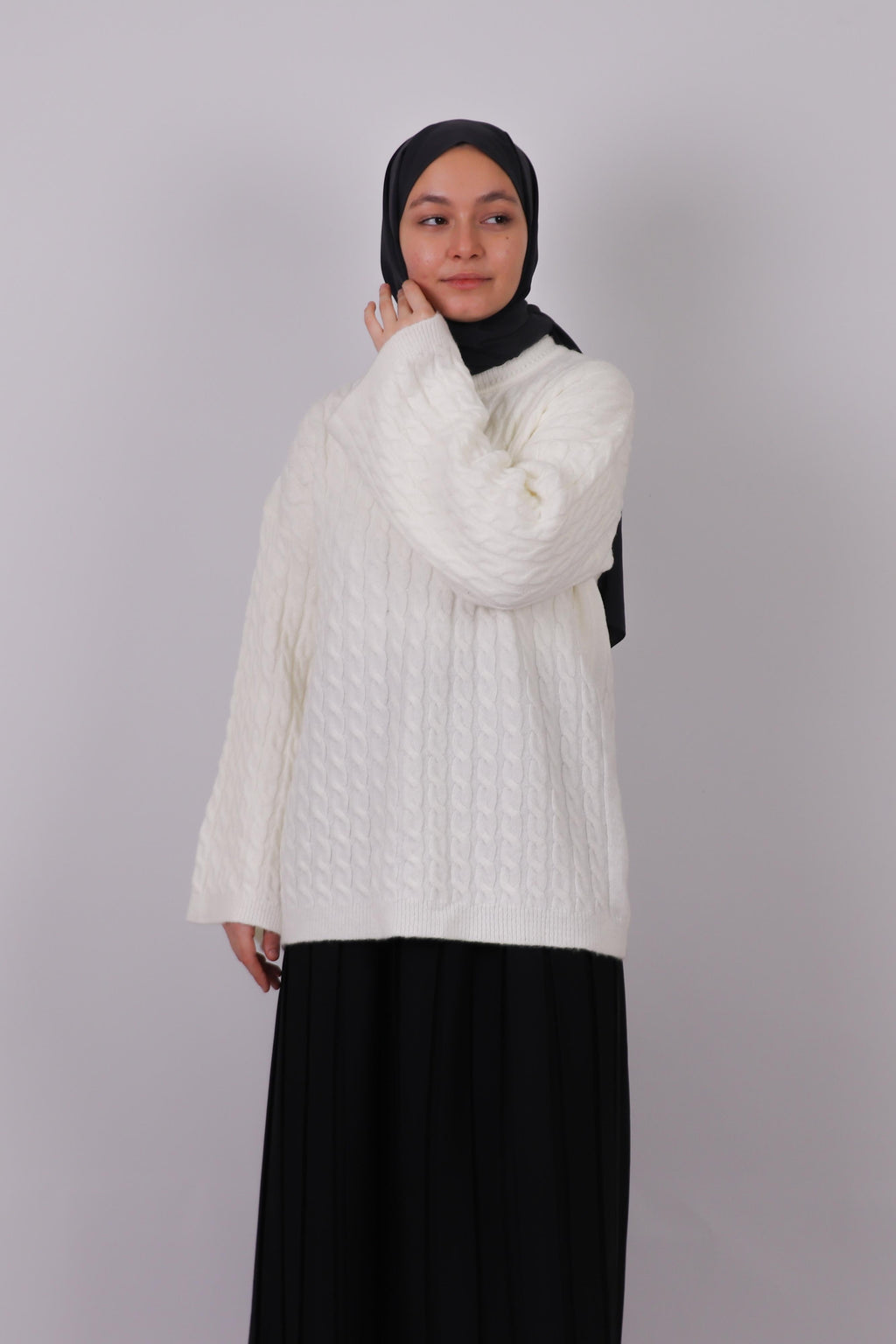 Cima Saç Örgü Detaylı Kimono Kollu Kazak - Ekru