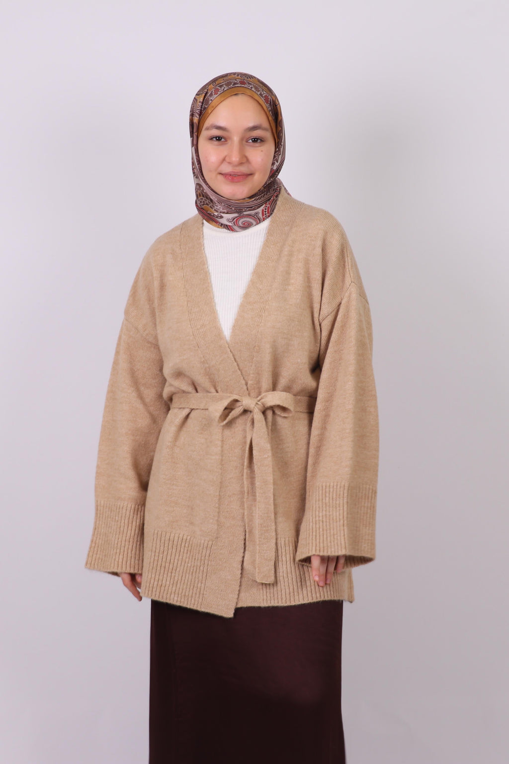 Ombra Yumuşak Dokulu Triko Kimono Hırka - Vizon