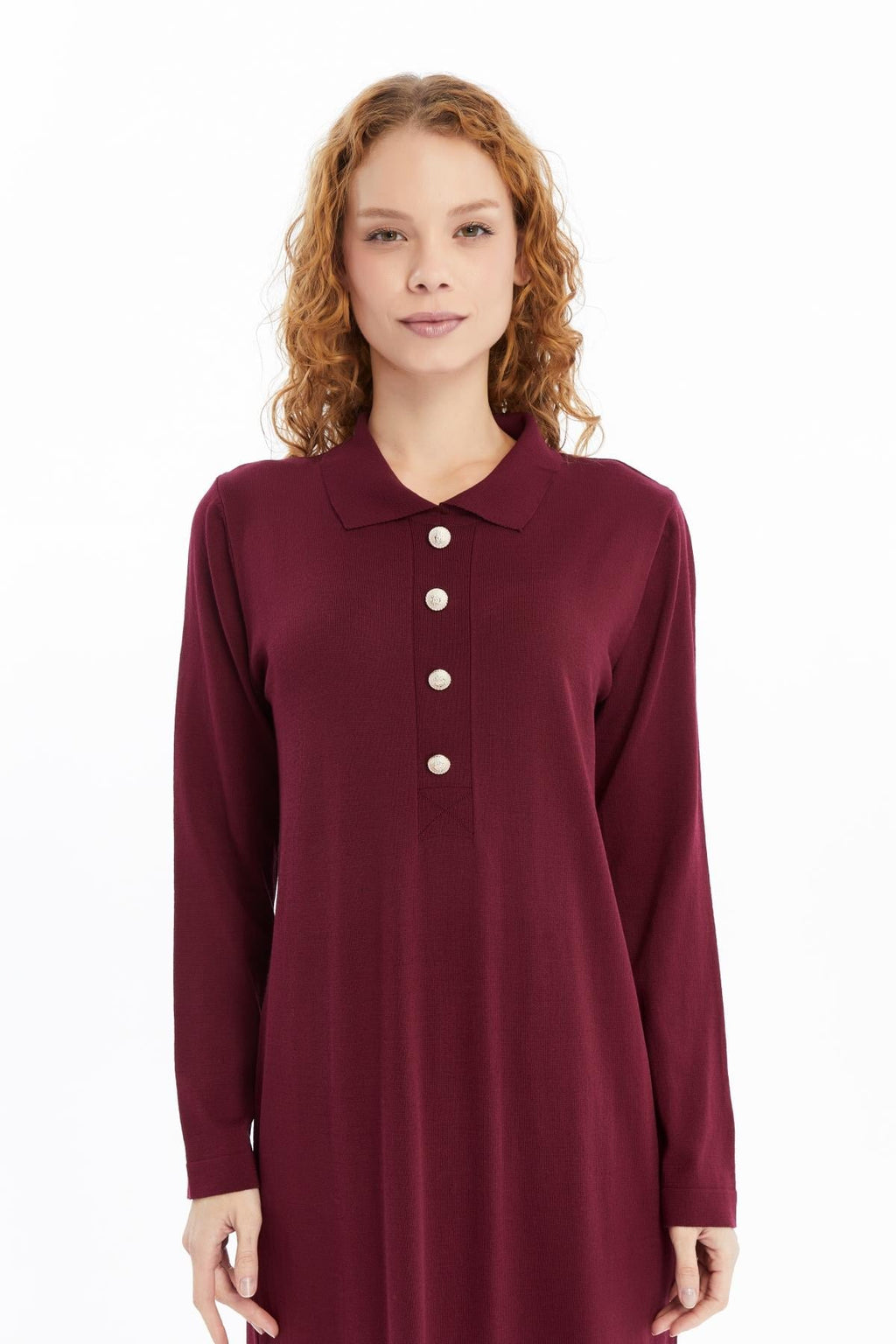 Sera Gömlek Yaka Detaylı Yarım Patlı Triko Elbise - Bordo