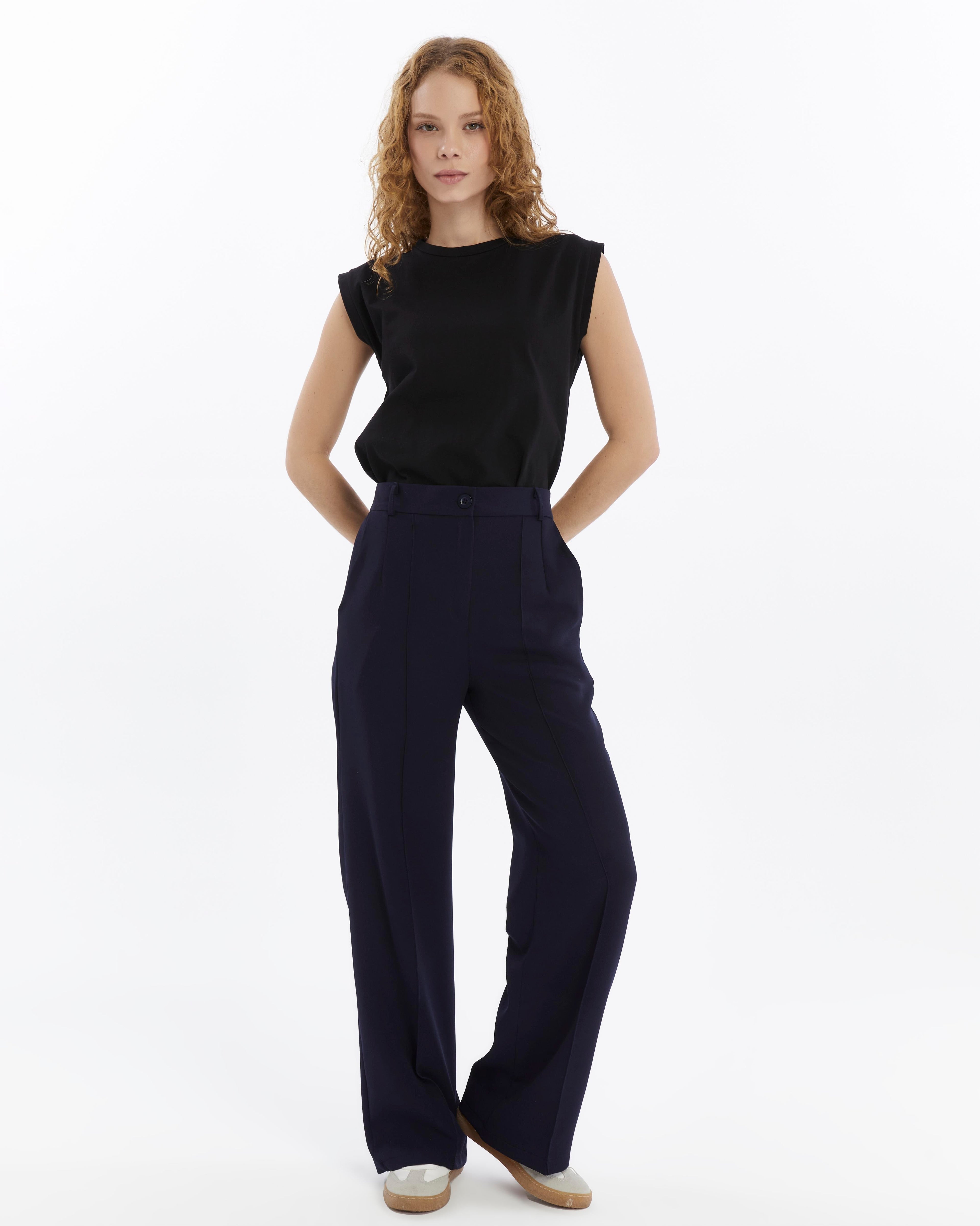 Eva Double Krep Çima Dikiş Detaylı Cepli Palazzo Pantolon - Lacivert