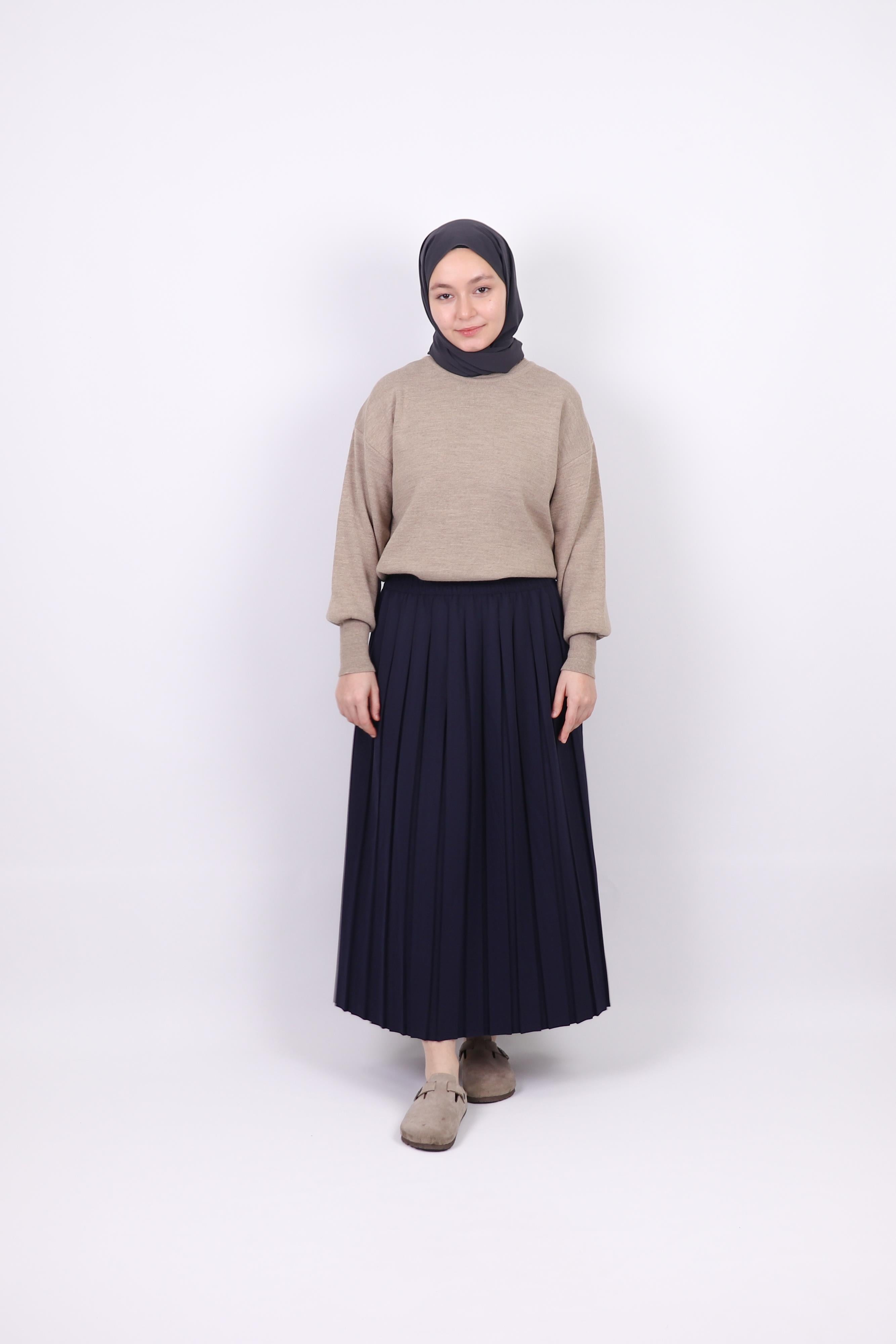 Lacivert Double Krep Pliseli Etek