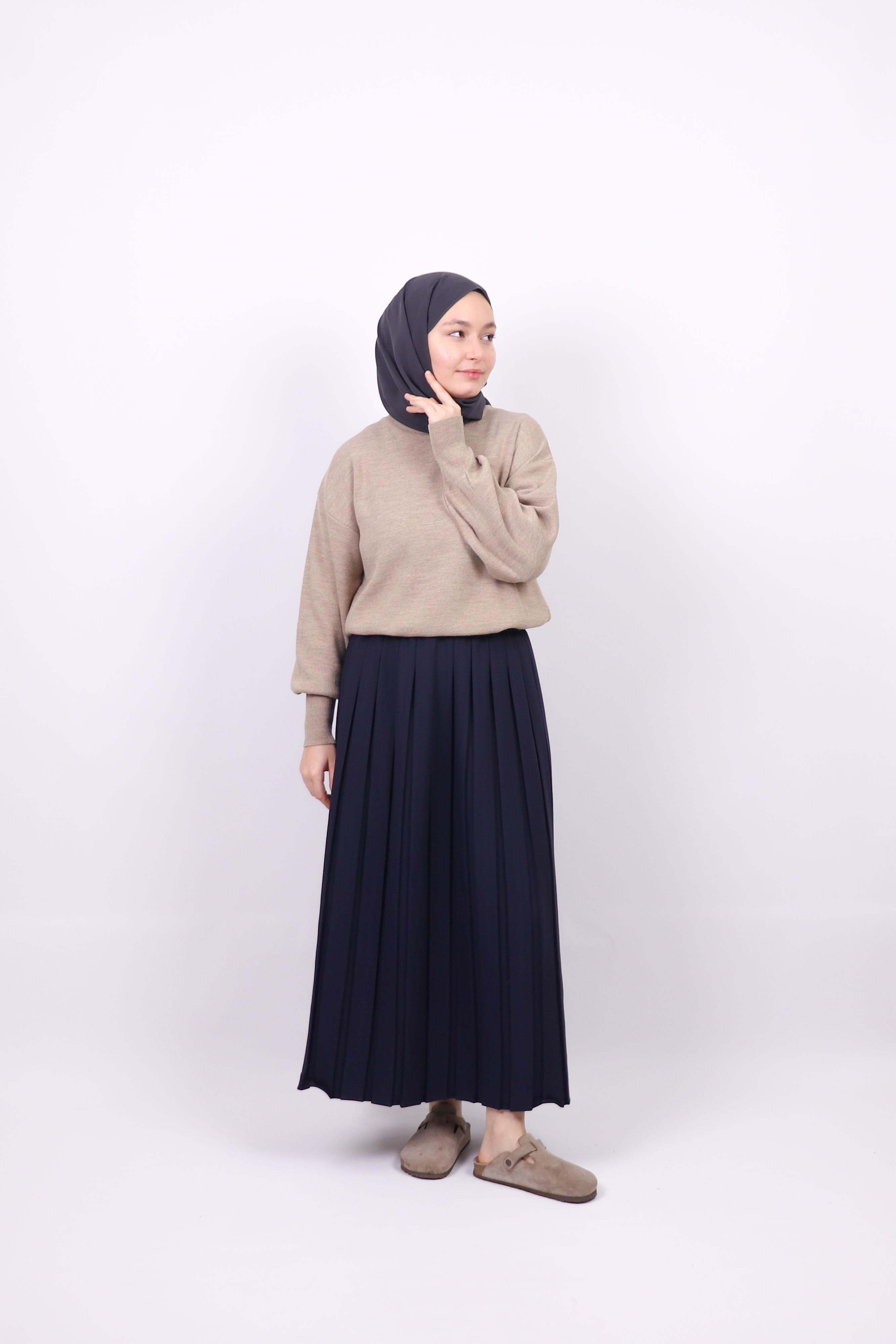 Lacivert Double Krep Pliseli Etek