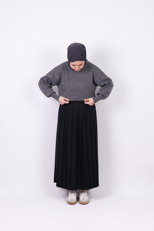 Ava Double Krep Pliseli Etek - Siyah