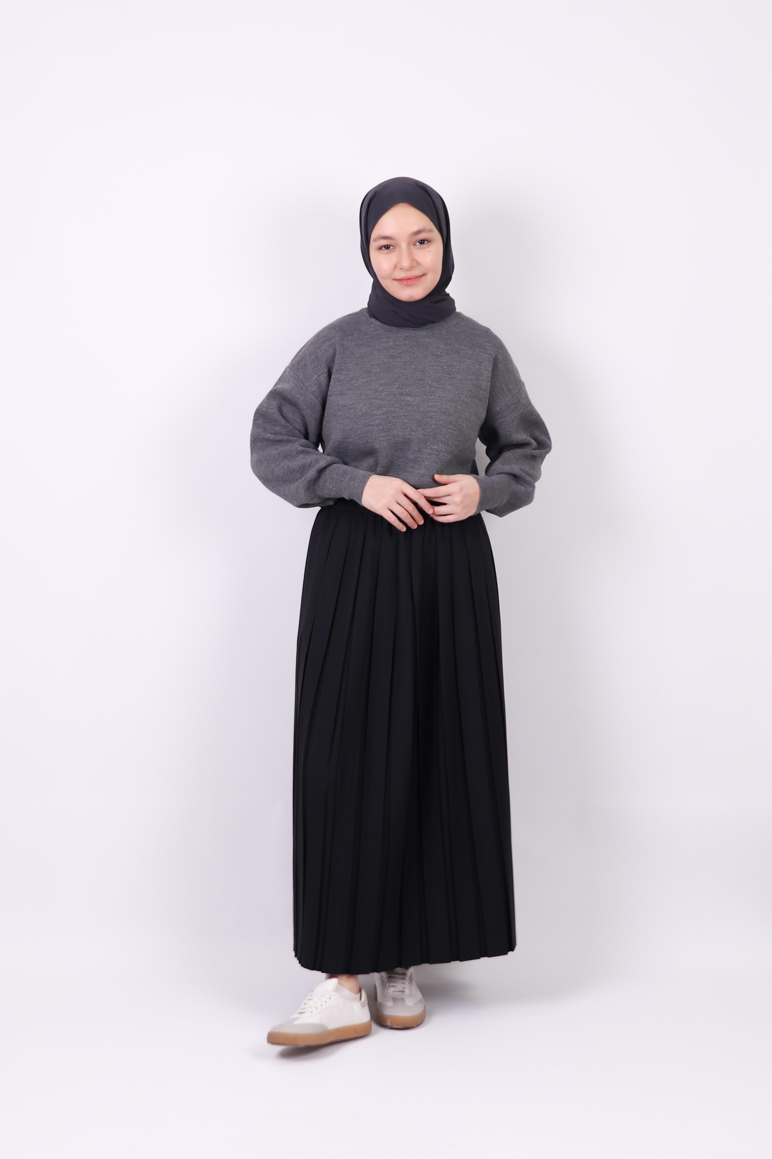 Ava Double Krep Pliseli Etek - Siyah